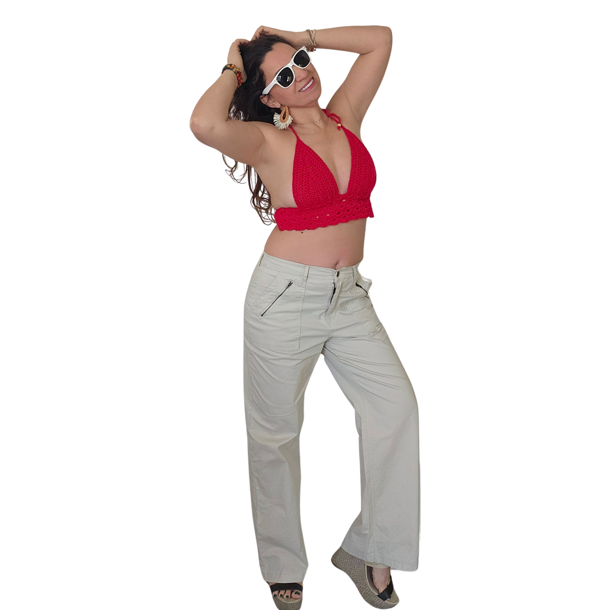 Mare_Crochet_Cropped_Top_-Red-back_Handmade_Beachwear_model_pose