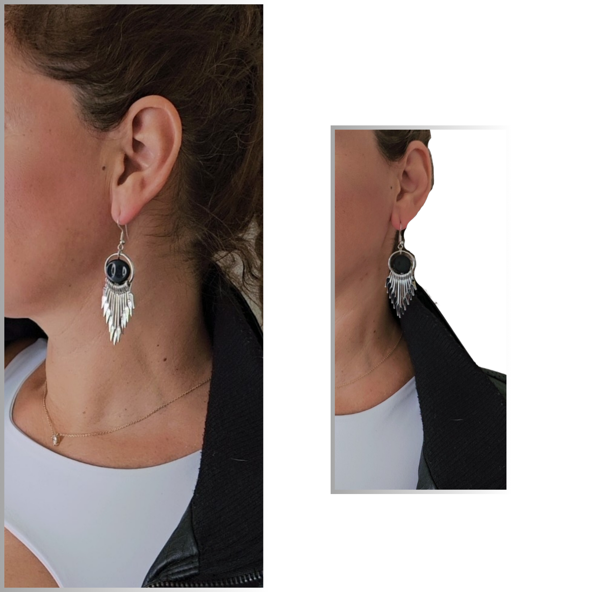 Model Wearing Black and Silver Drop Earrings - Timeless Elegance and Versatile Fashion Accessory - Rita Rosa Brazilian Beachwear