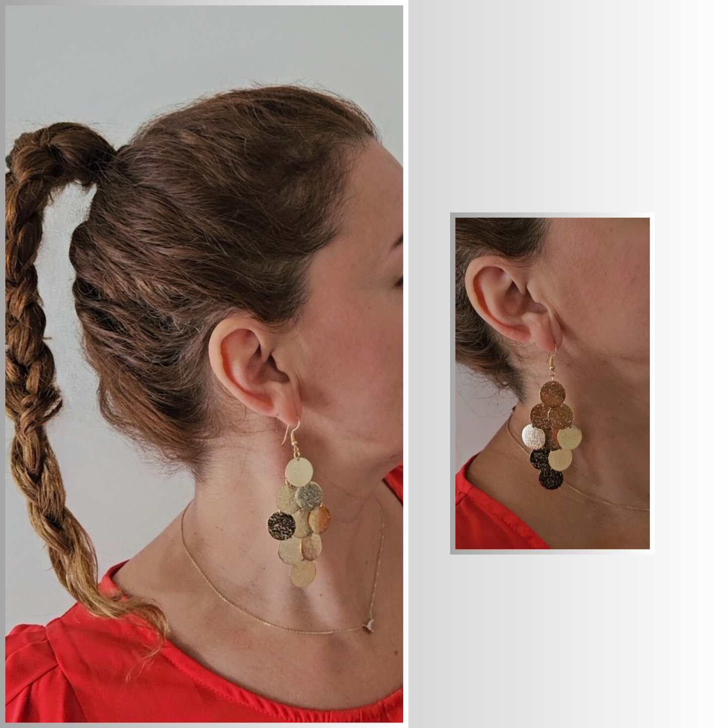 Model Wearing Chandelier Gold Drop Earrings - Elegant and Luxurious Fashion Accessory - Rita Rosa Brazilian Beachwear