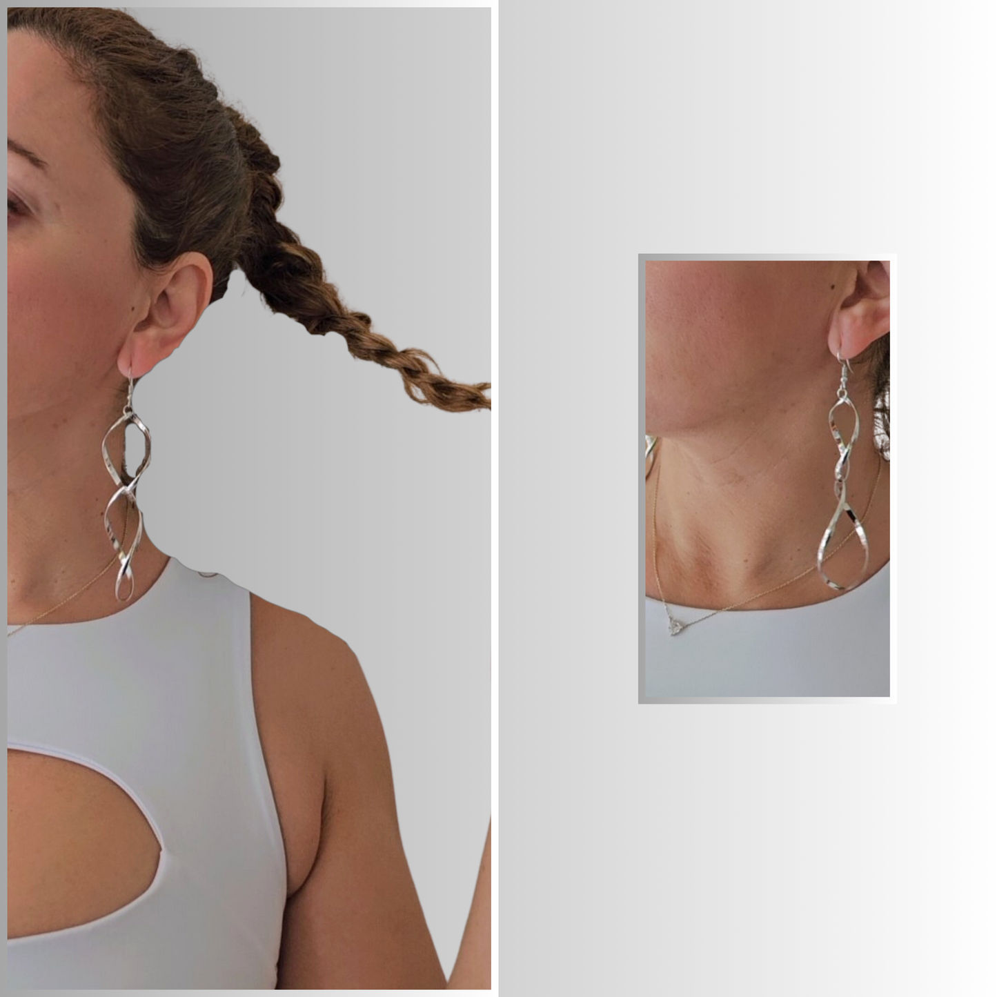 Model Wearing Double Loops Silver Drop Earrings