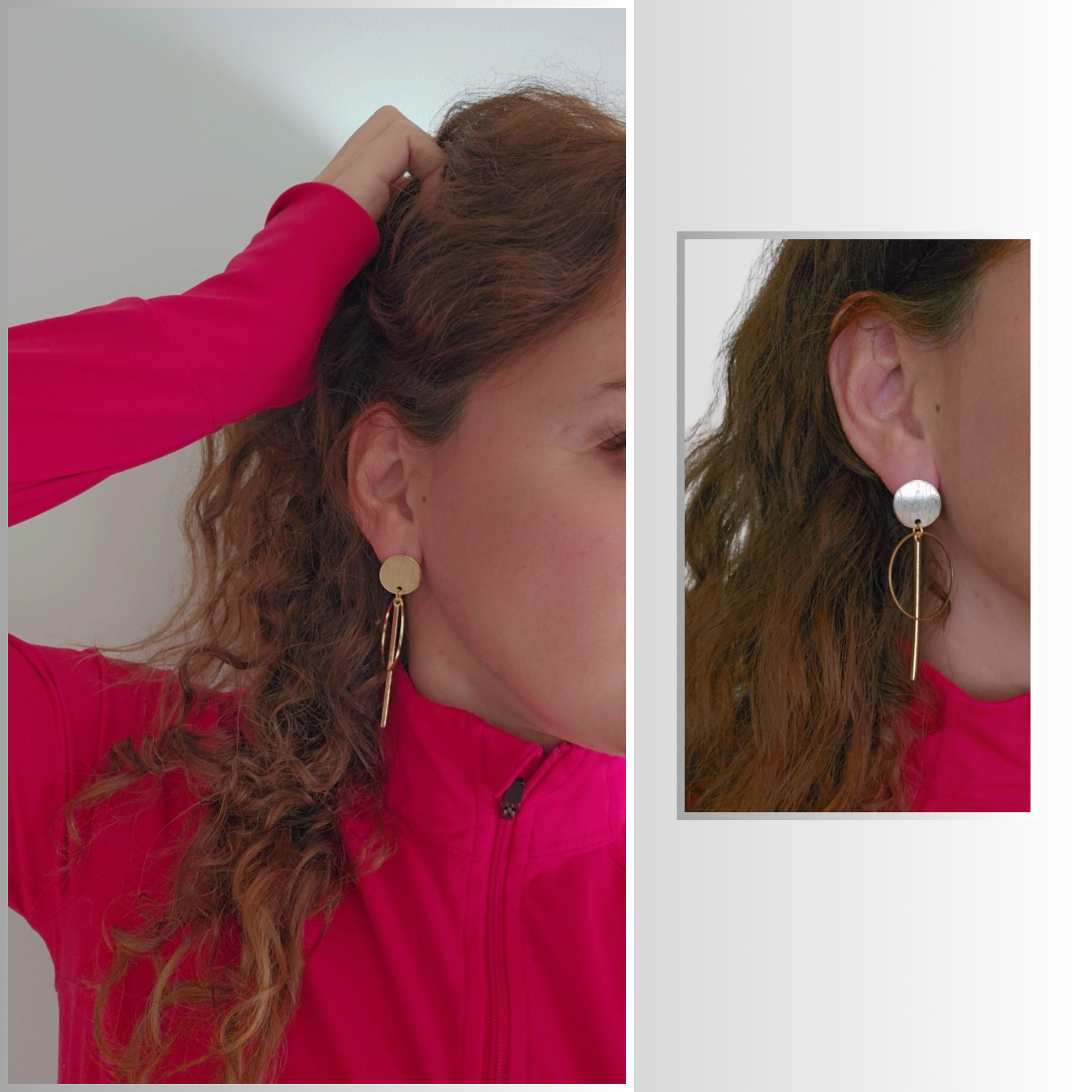 Model Wearing Gold Circle Bar Drop Earrings.