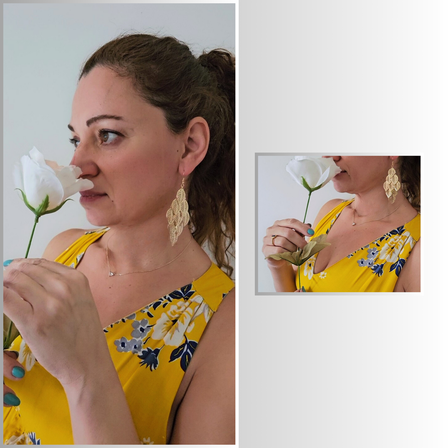 Model Wearing Gold Leaf Dangle Earrings - Rita Rosa Brazilian Beachwear