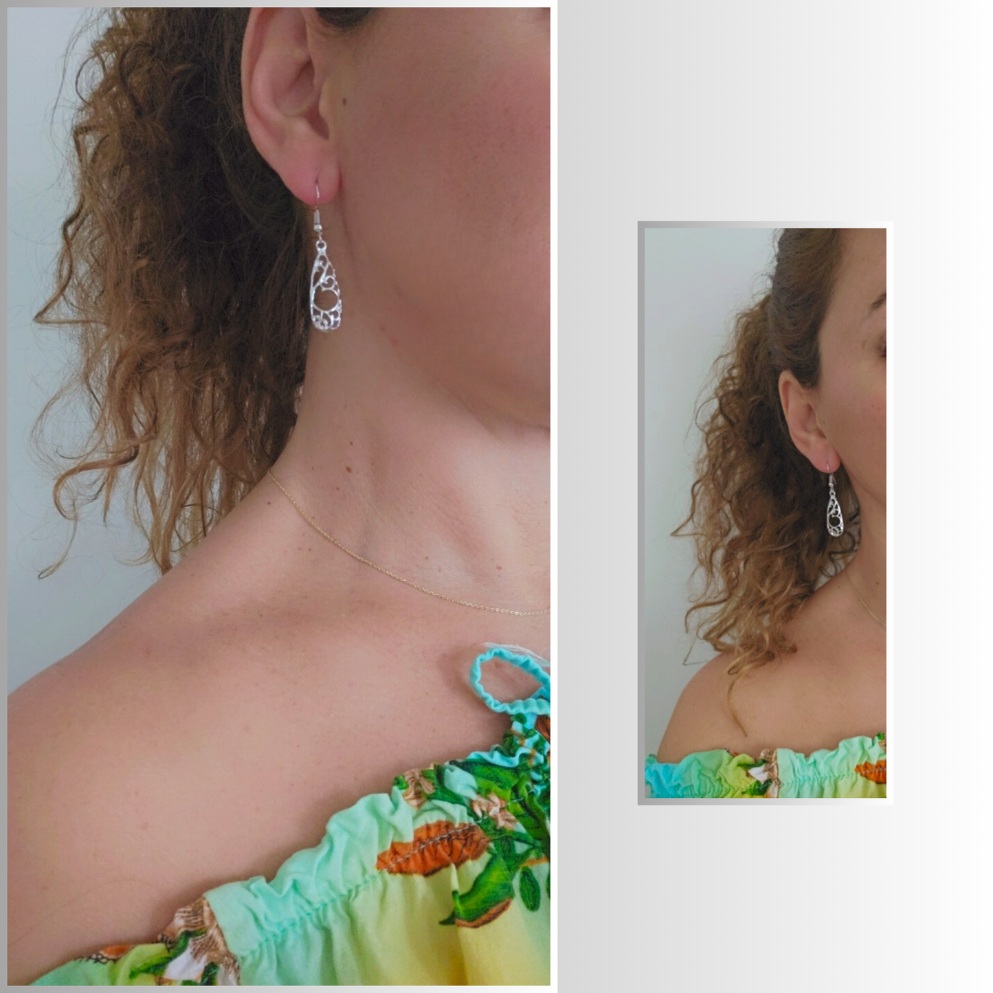 Model Wearing Paisley Silver Drop Earrings