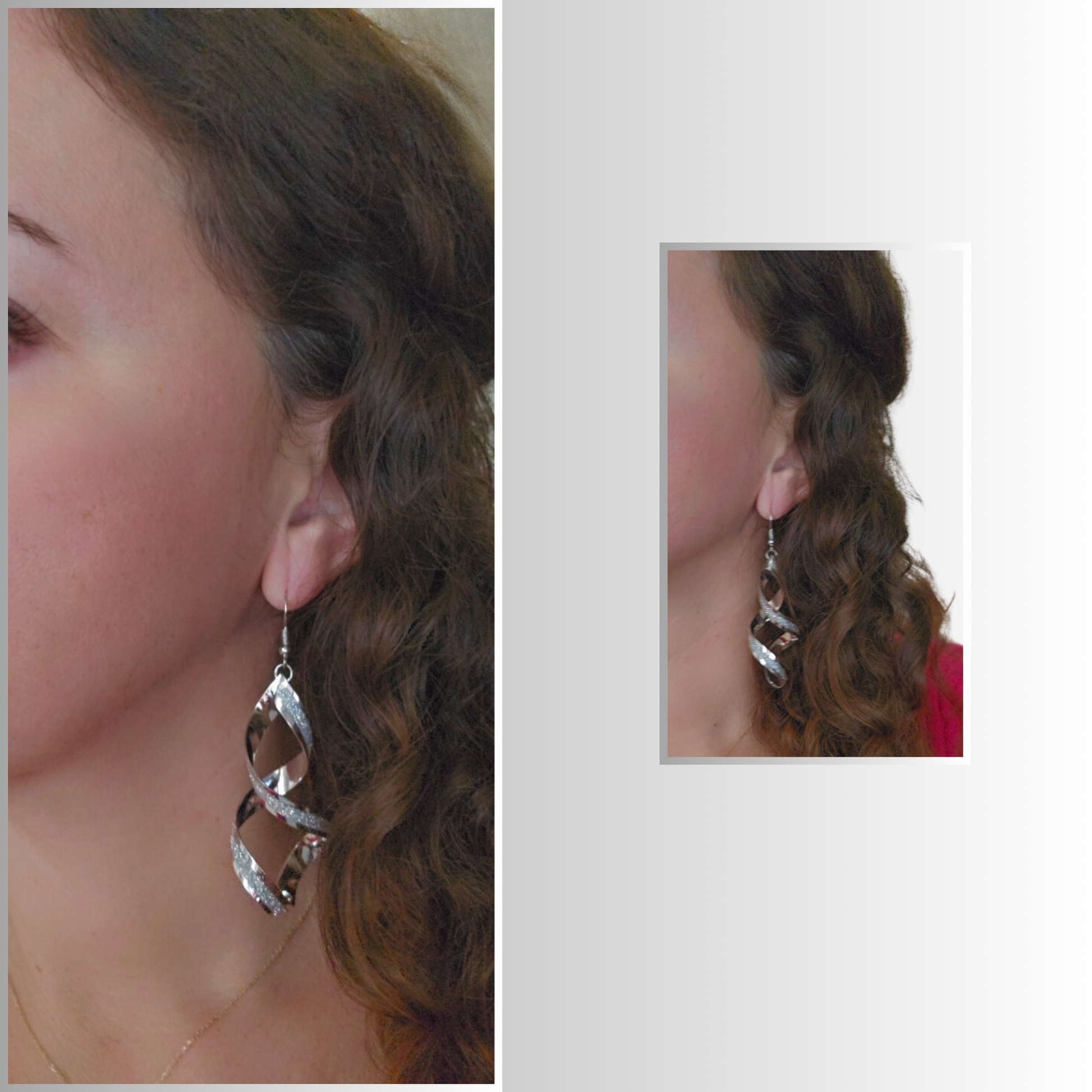 Model Wearing Swirl Silver Drop Statement Earrings