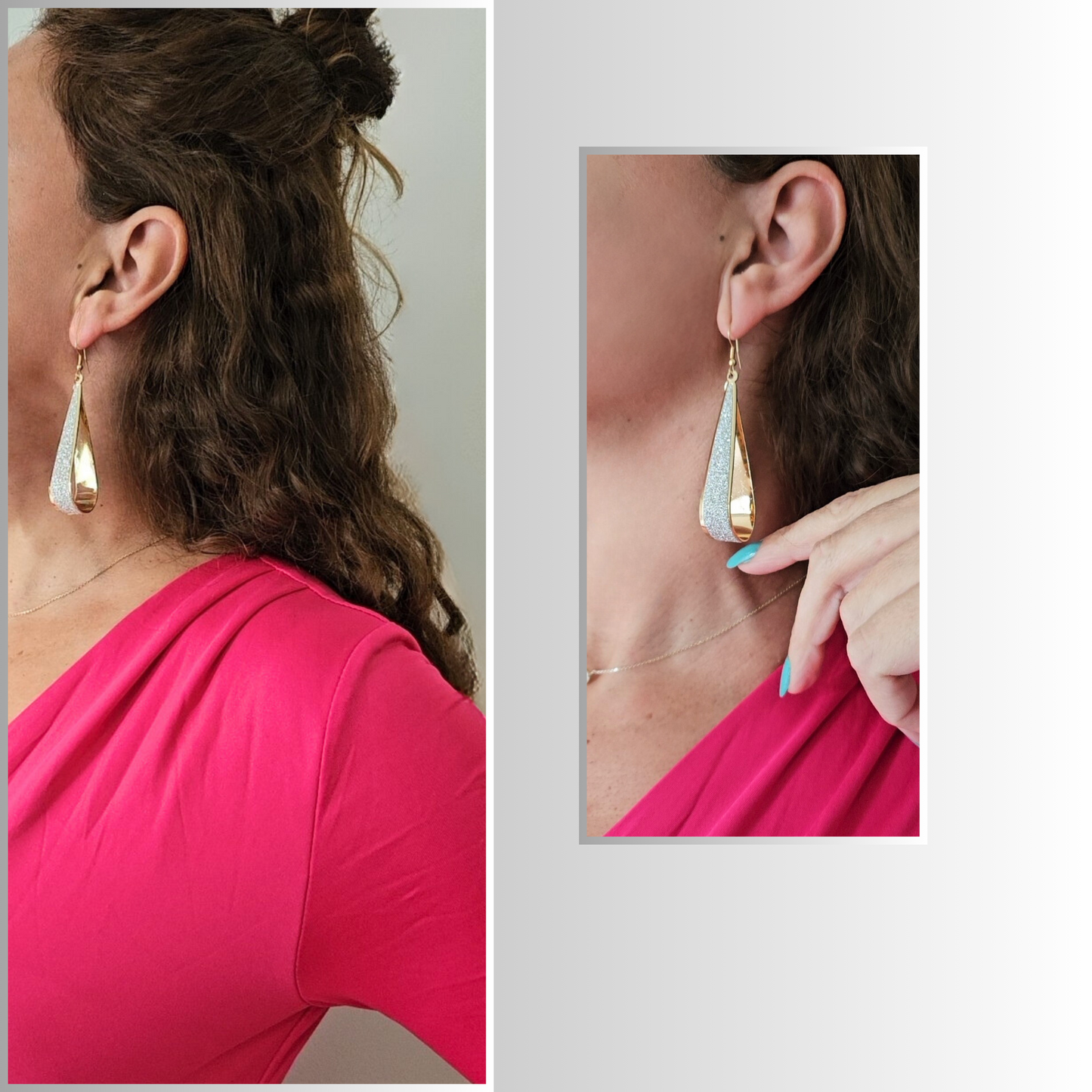 Model Wearing Chic Gold Tear Drop Earrings Rita Rosa Brazilian Beachwear