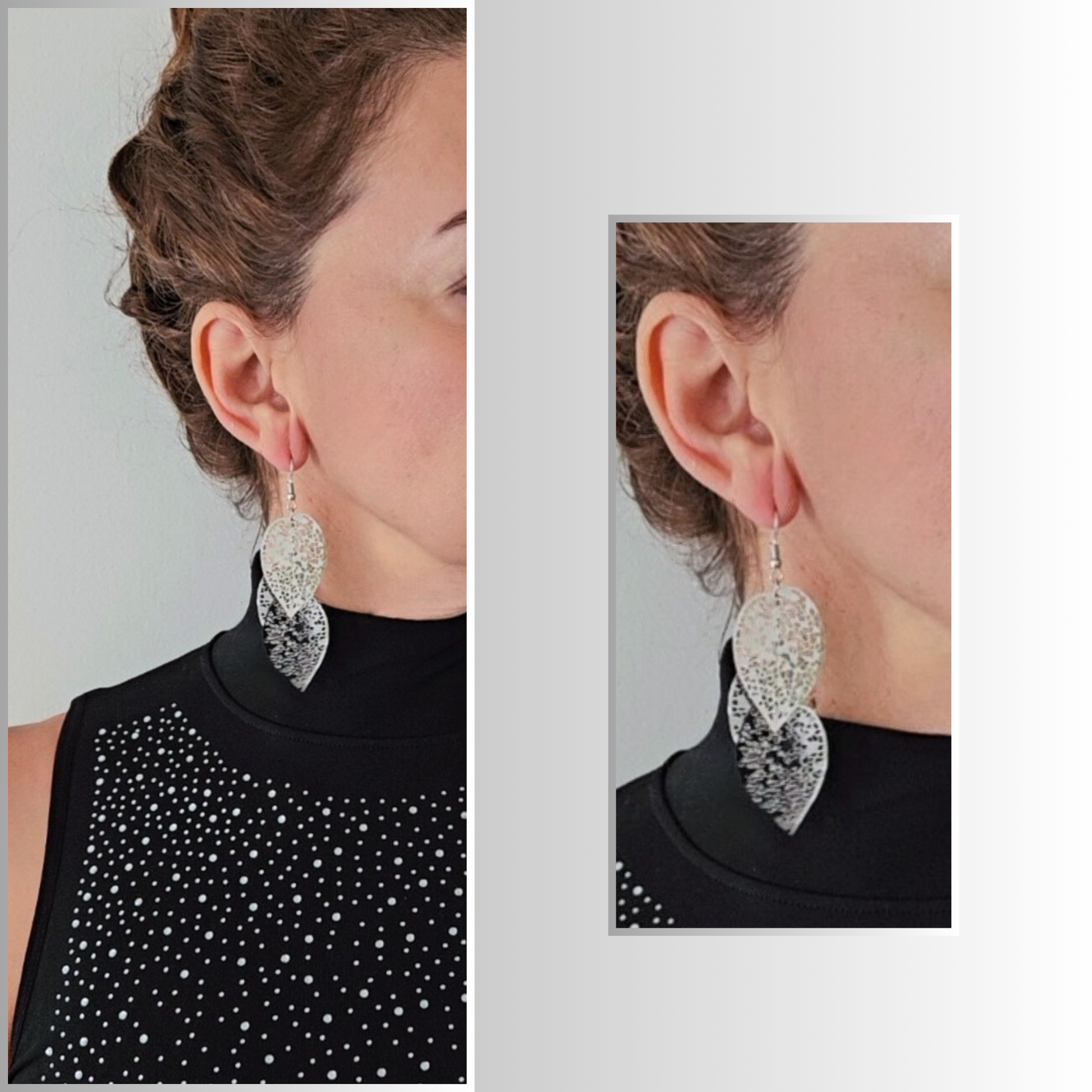 ModelWearingThreeLeafSilverLongDropEarrings