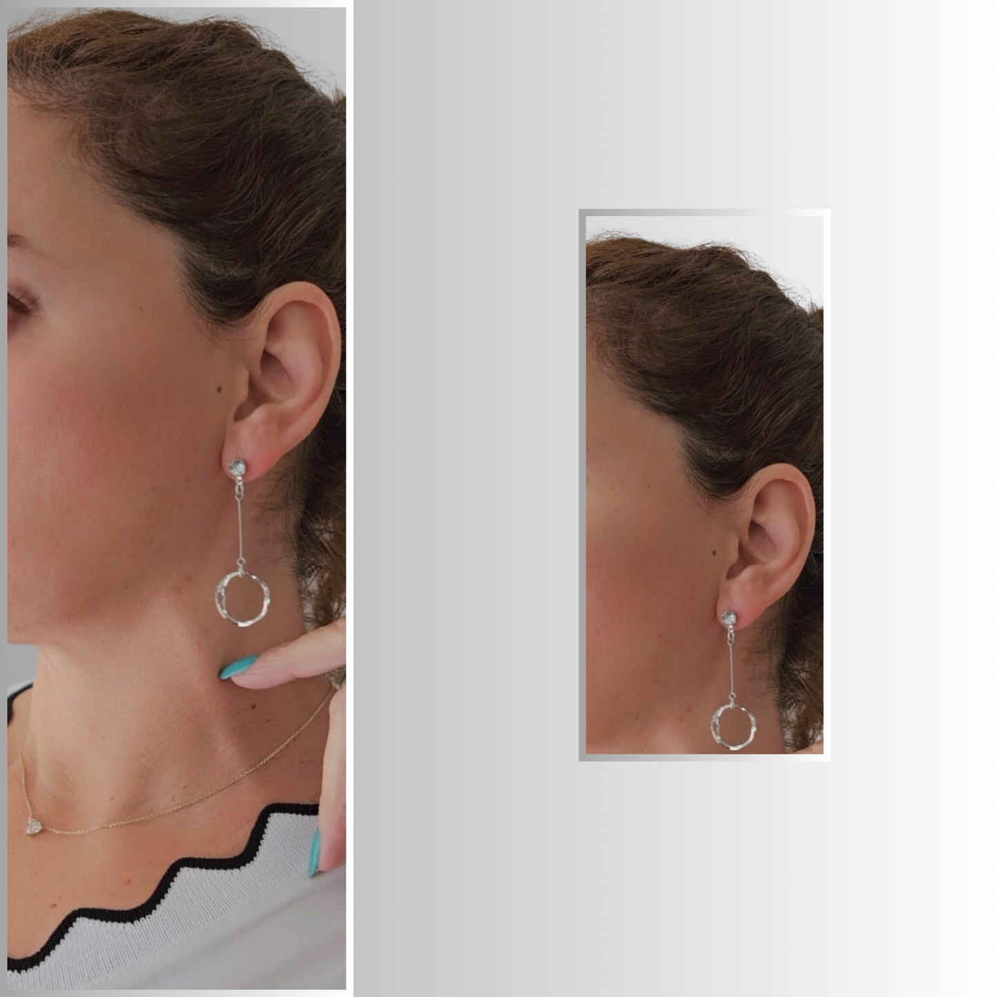 Model Wearing Three Rings Bar Drop Earrings - Modern Elegance and Affordable Luxury - Rita Rosa Brazilian Beachwear