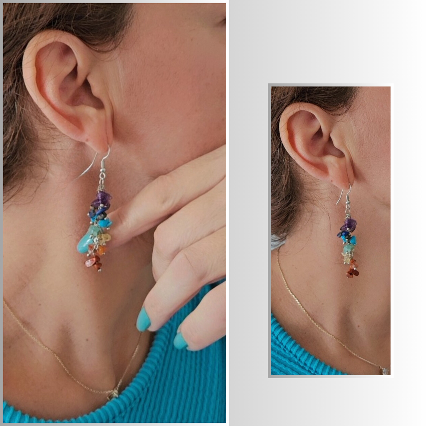 Model wearing handmade multicolor gemstone earrings made from natural tumbled stones—lightweight, boho-style jewelry perfect for beachwear, summer outfits, and tropical vacations