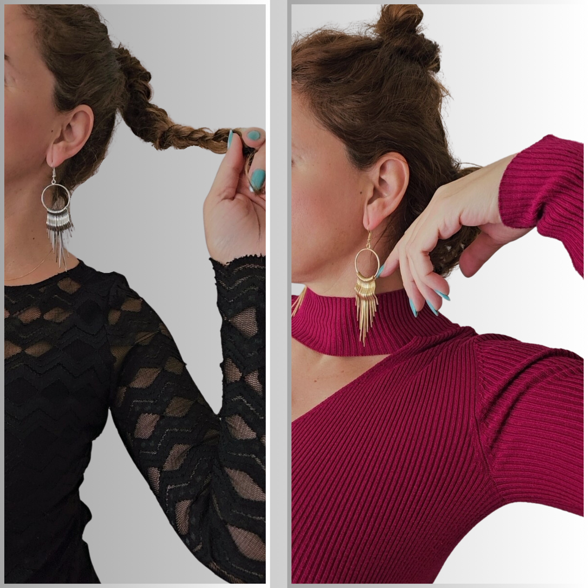 Model Wearing Shrine Long Drop Earrings - Elegant Beachwear Fashion