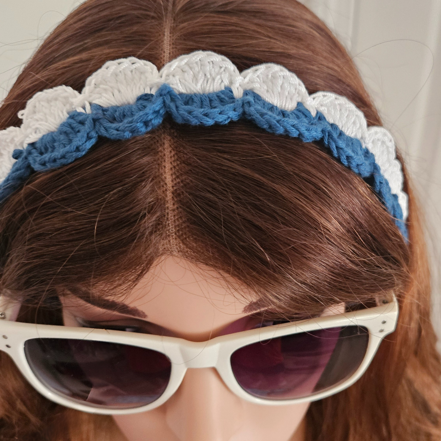 Navy Blue and white tie back crochet headband model face down photo