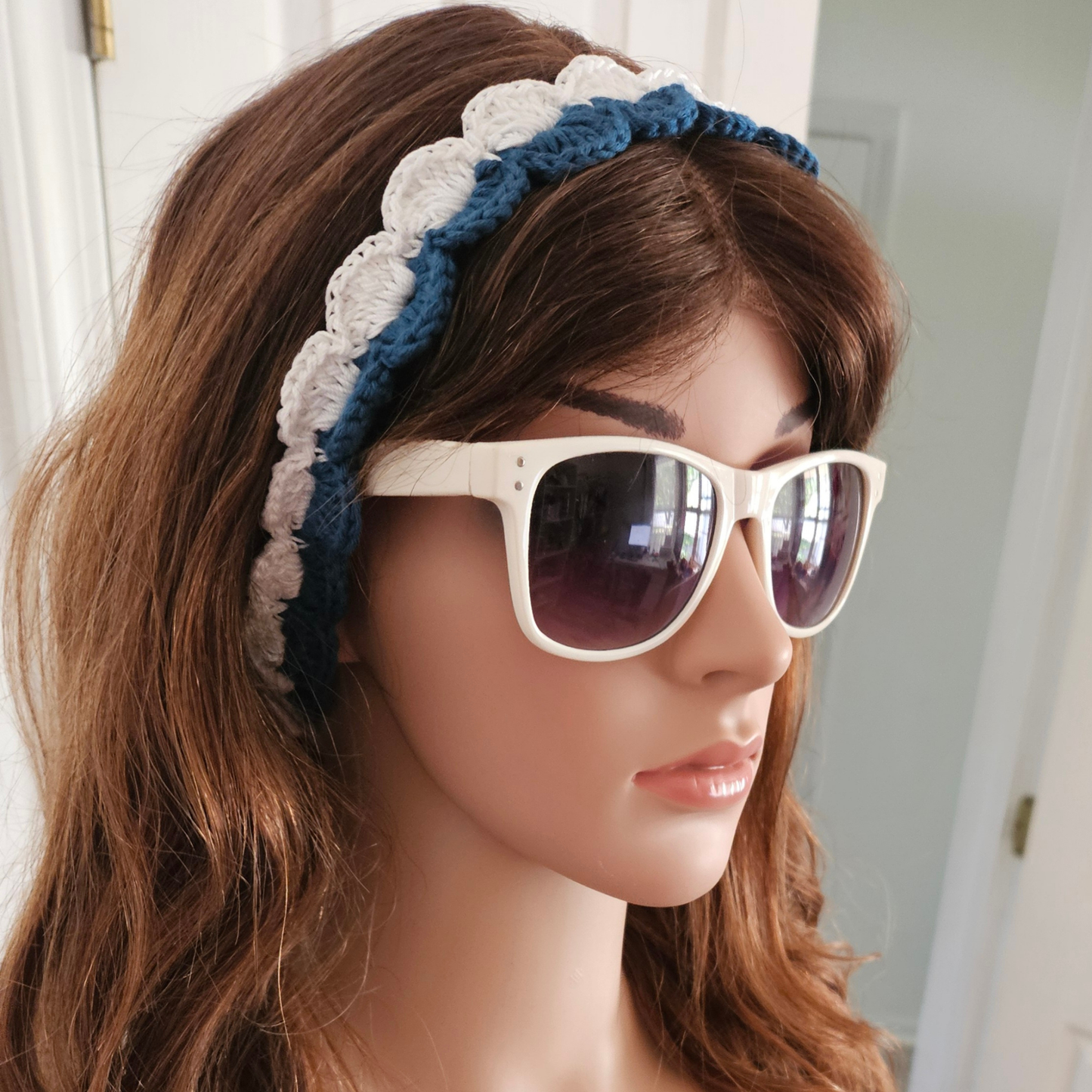 Navy Blue and white tie back crochet head band model photo