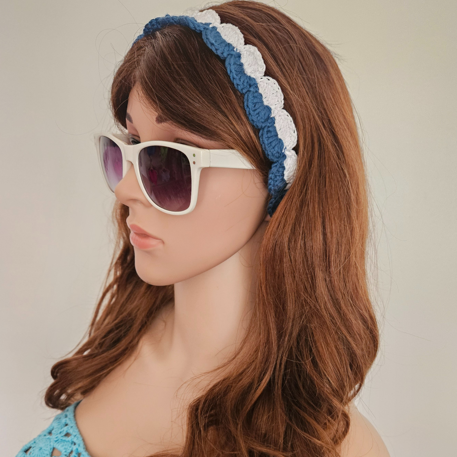 Navy Blue and white tie back crochet headband model side photo