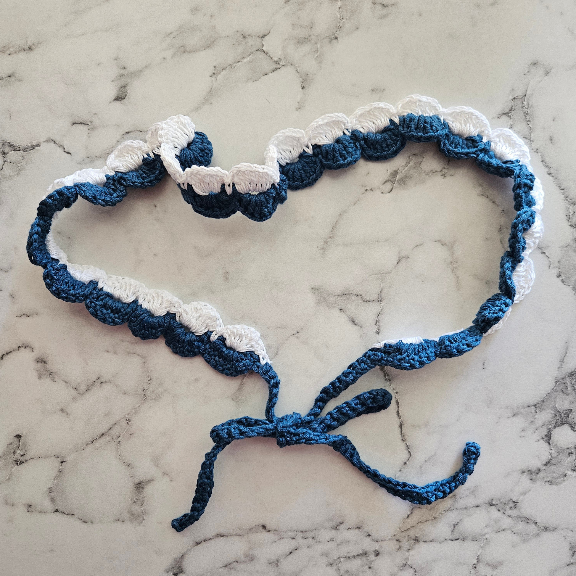 Navy blue and white tie back crochet headband photo