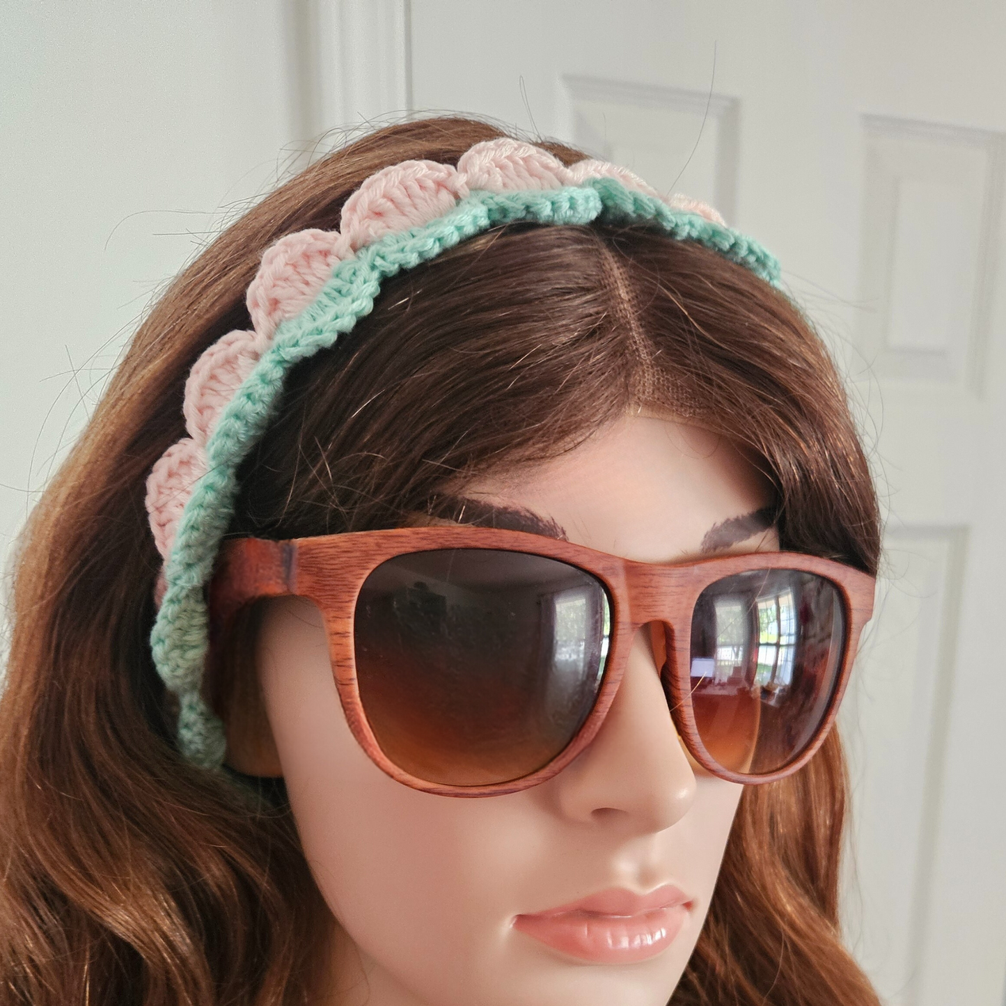 Pale Pink and Green Aqua tie back crochet headband model face down photo