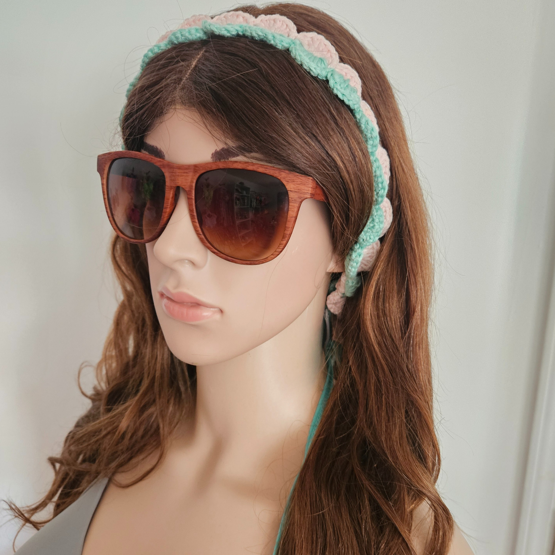 Pale Pink and Green Aqua tie back crochet headband model photo