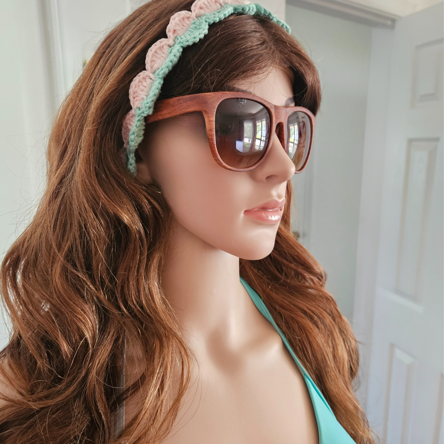 Pale Pink and Green Aqua tie back crochet headband model side photo