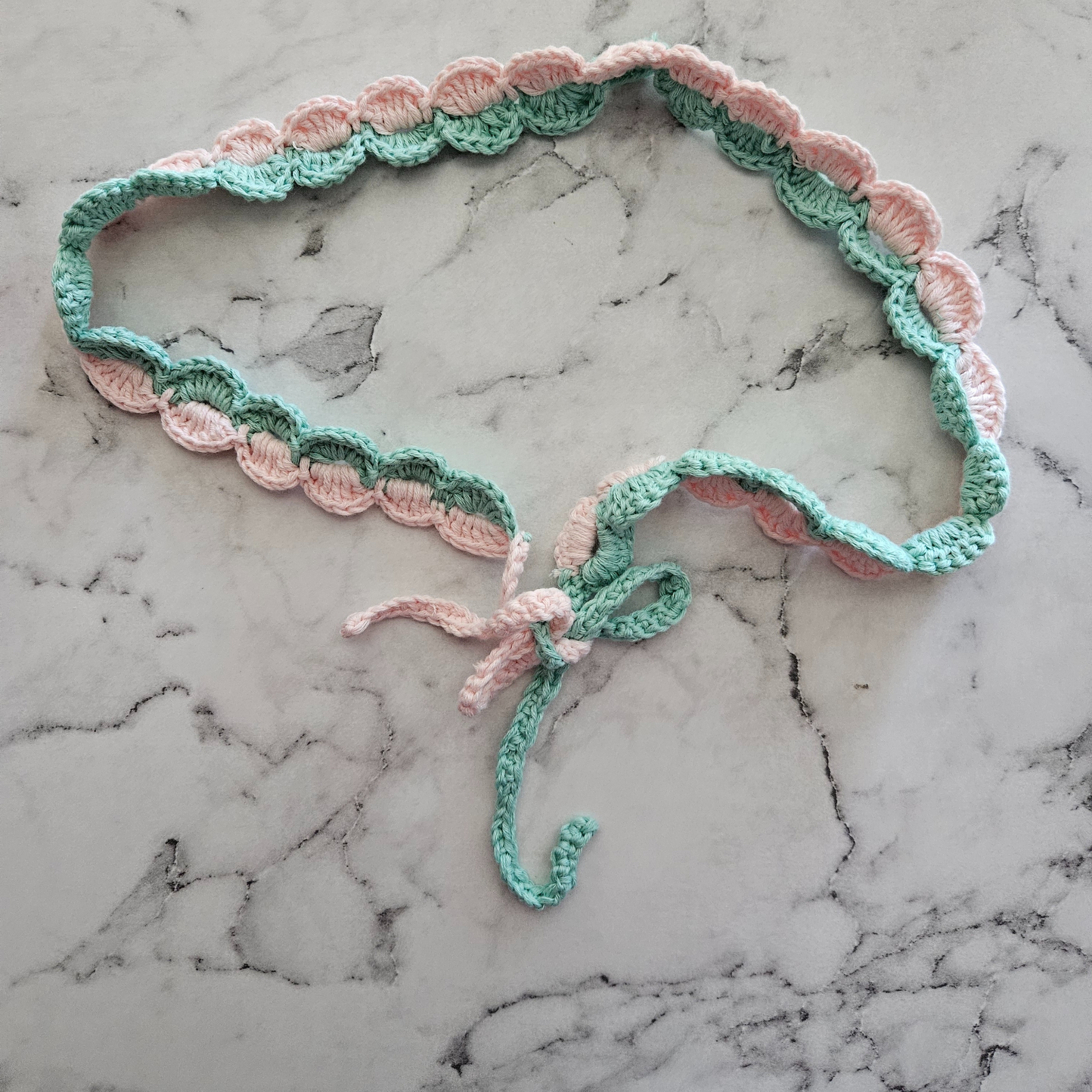 Pale Pink and Green Aqua tie back crochet headband photo