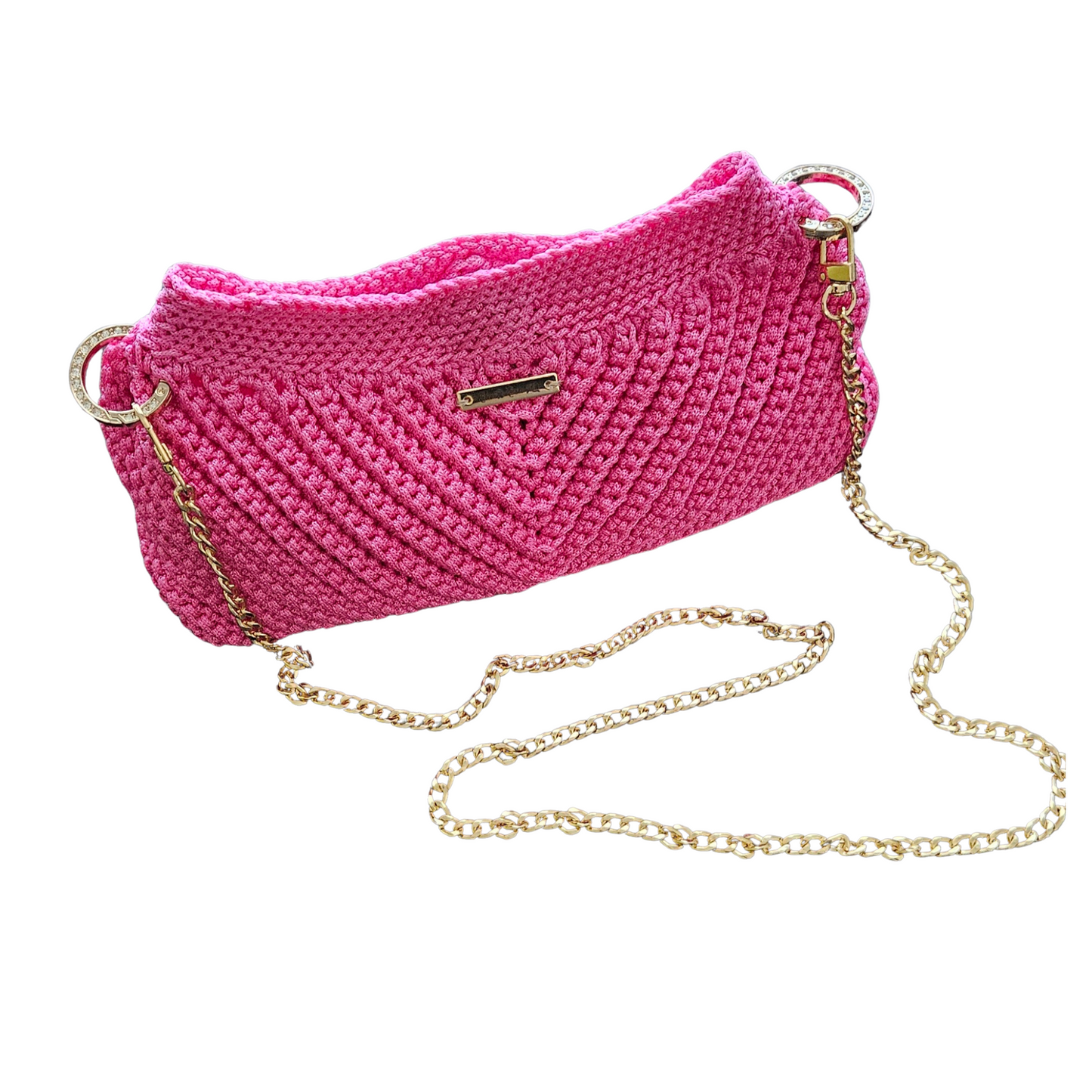 Front view of Medium size- Pink Modern Macrame Crossbody – detailed handmade macramé texture with premium gold hardware accents.