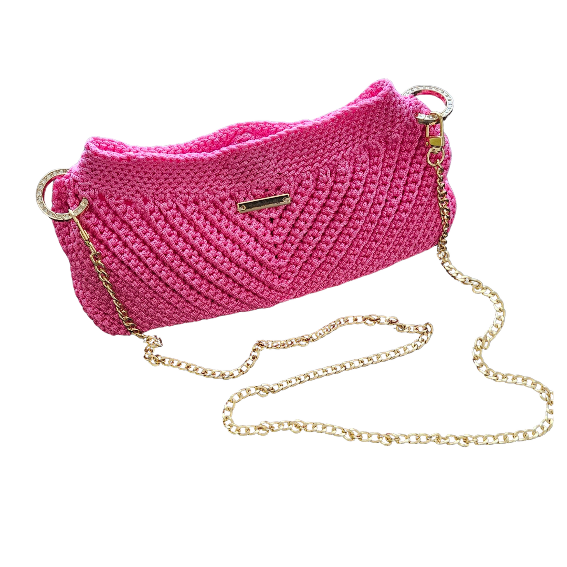 Front view of Medium size- Pink Modern Macrame Crossbody – detailed handmade macramé texture with premium gold hardware accents.