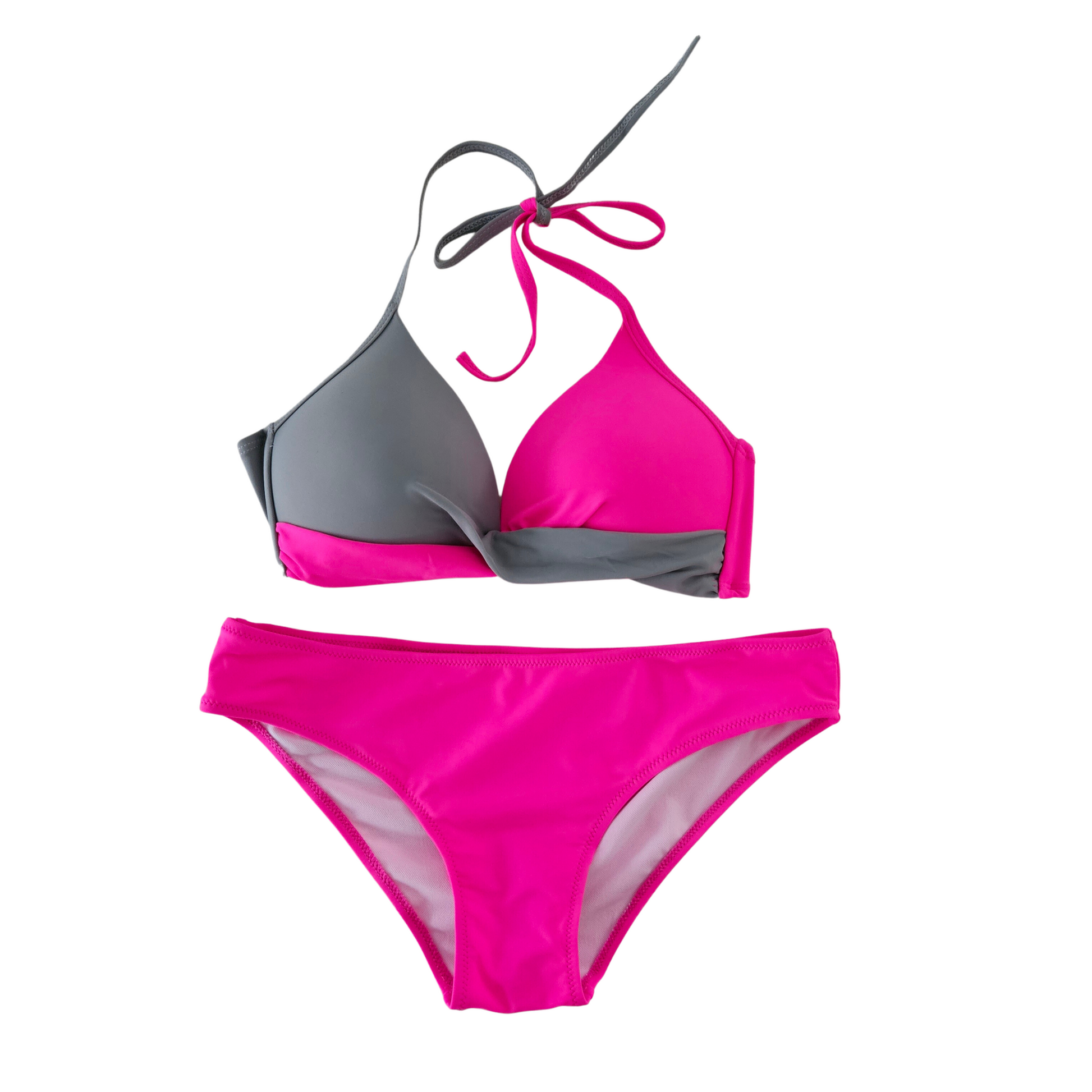 A photo of a two-piece bikini set in pink and gray tones, featuring a tie-neck top with molded cups and wire-free support, and a high-waisted thong-style bottom with a halter design.