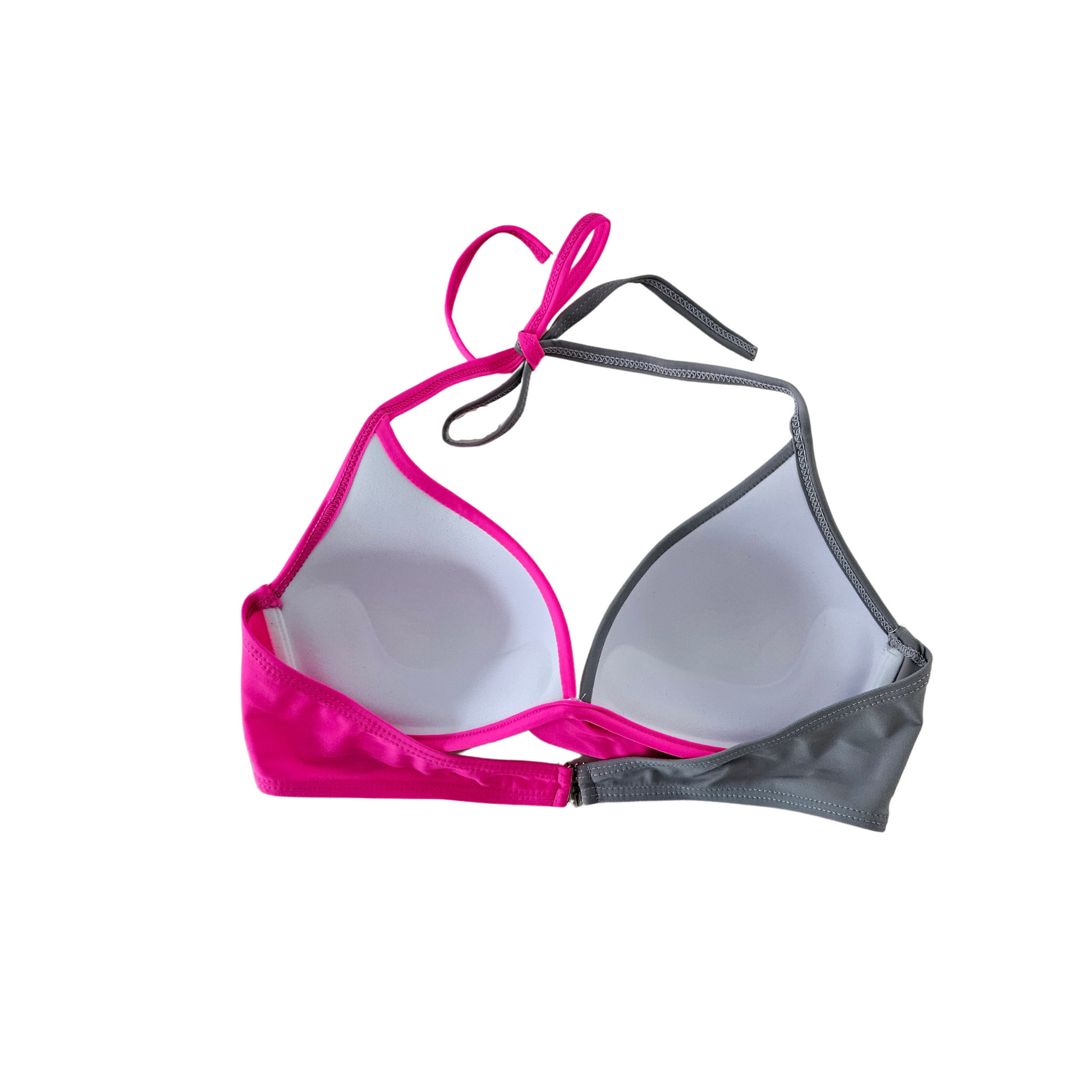 A photo of a two-piece bikini set in pink and gray tones, featuring a tie-neck top with molded cups and wire-free support, and a high-waisted thong-style bottom with a halter design.
