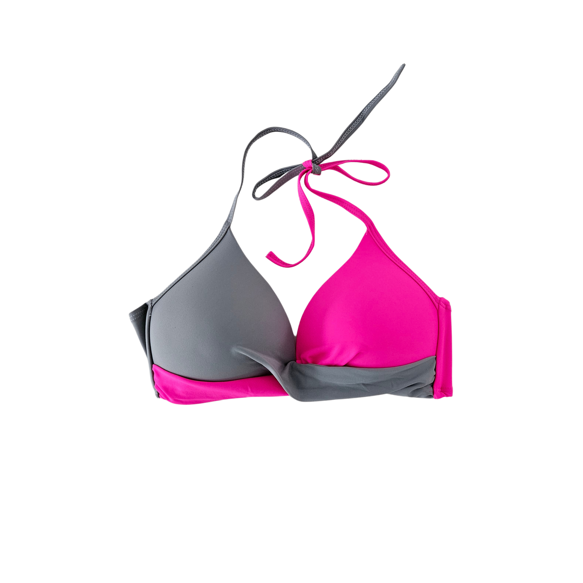 A photo of a two-piece bikini set in pink and gray tones, featuring a tie-neck top with molded cups and wire-free support, and a high-waisted thong-style bottom with a halter design.