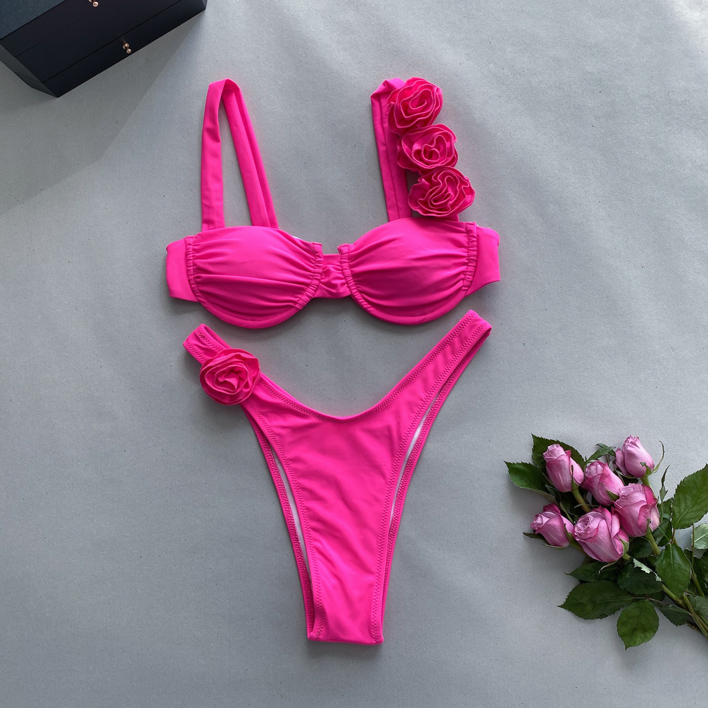 Pink 3D Floral Elegance High-Cut Bikini Set front image