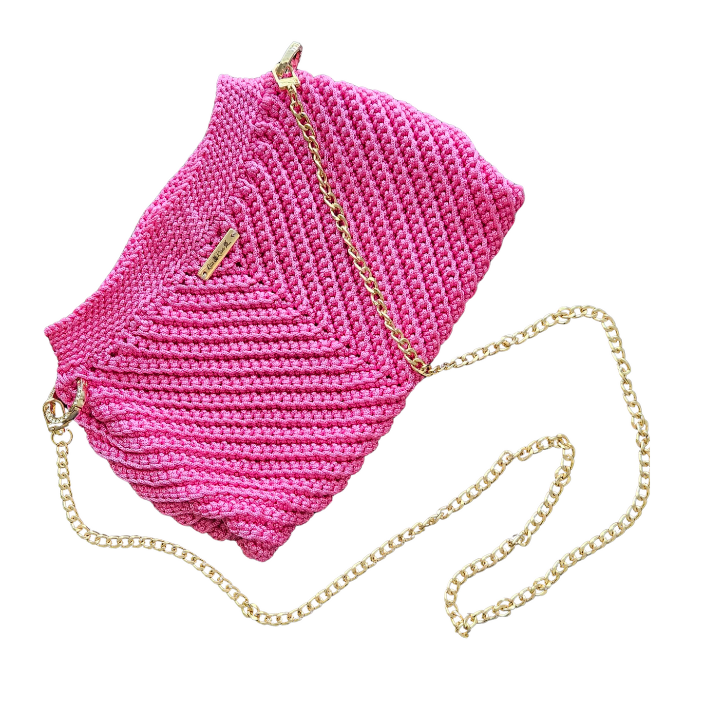 Modern Macrame Crossbody in pastel pink – handcrafted macramé bag with gold accents, a stylish choice for spring and Mother's Day gifts.