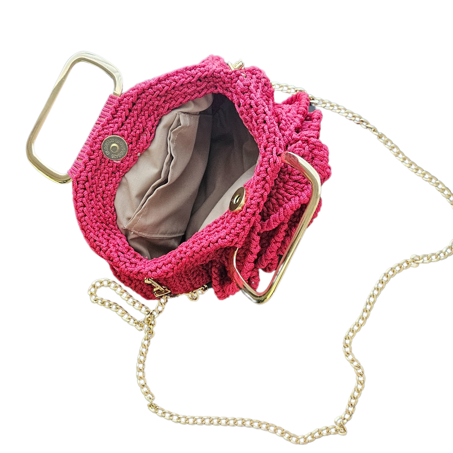 Interior view of the Rosa Bloom Macramé Crossbody – Lined fabric interior with card pocket, spacious design, luxury handmade purse for everyday elegance.