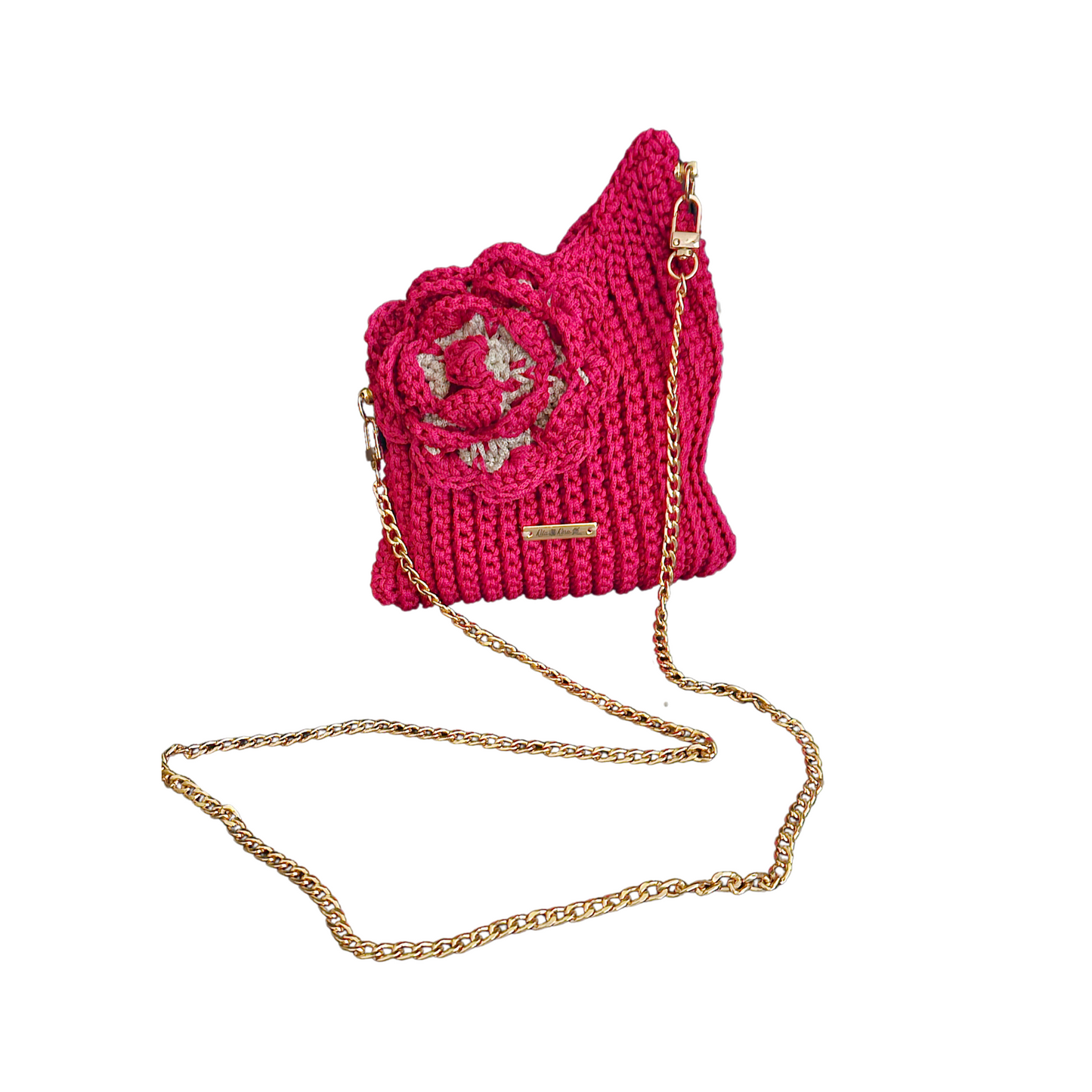 Close-up of Red Flora Bloom Crochet Crossbody Bag – detailed handcrafted rose design, durable premium macramé thread, stylish gift idea for Mother's Day.