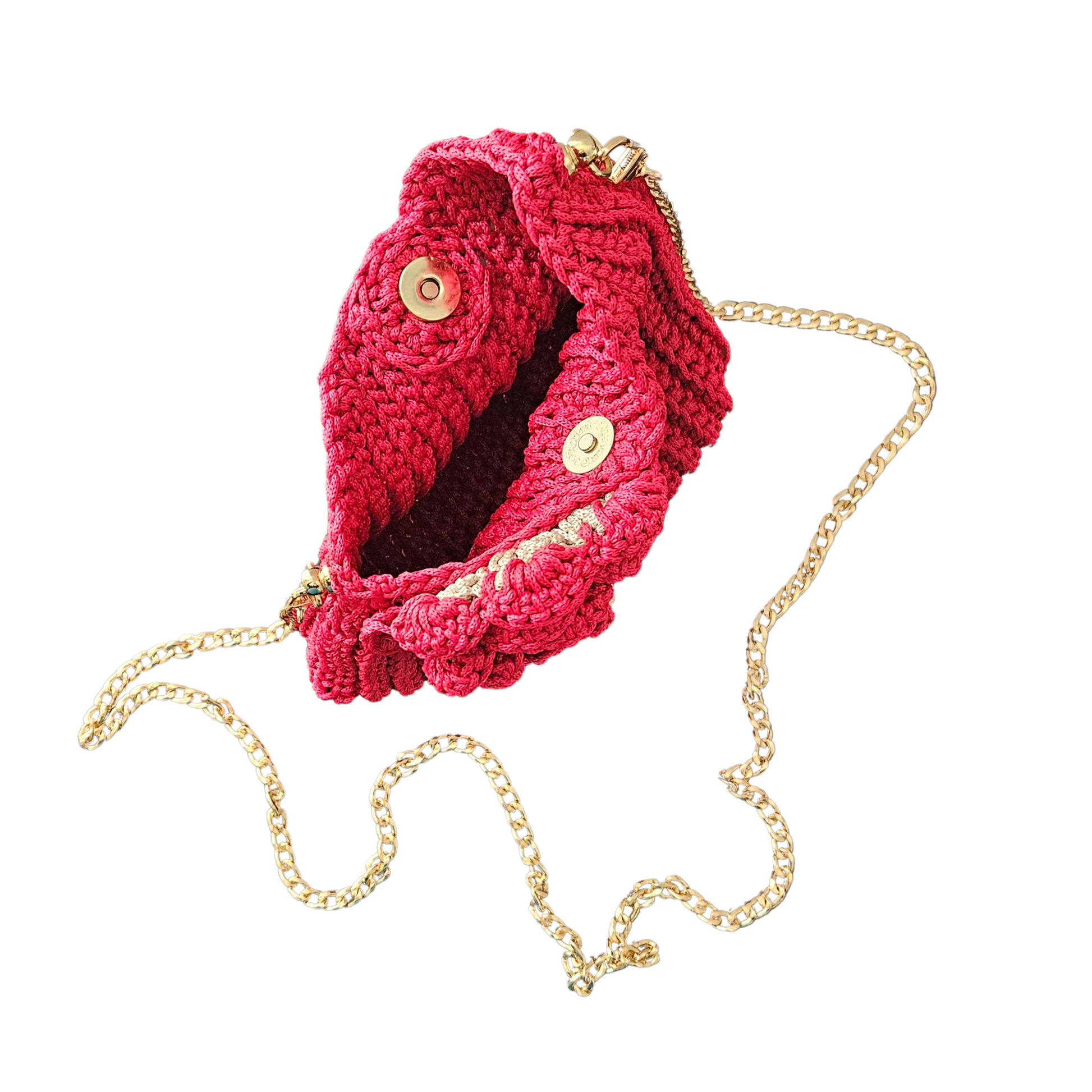Angled view of Red Flora Bloom Crochet Crossbody Bag – artisanal handcrafted details, magnetic closer, keychain structured yet soft design, tropical-inspired fashion accessory.