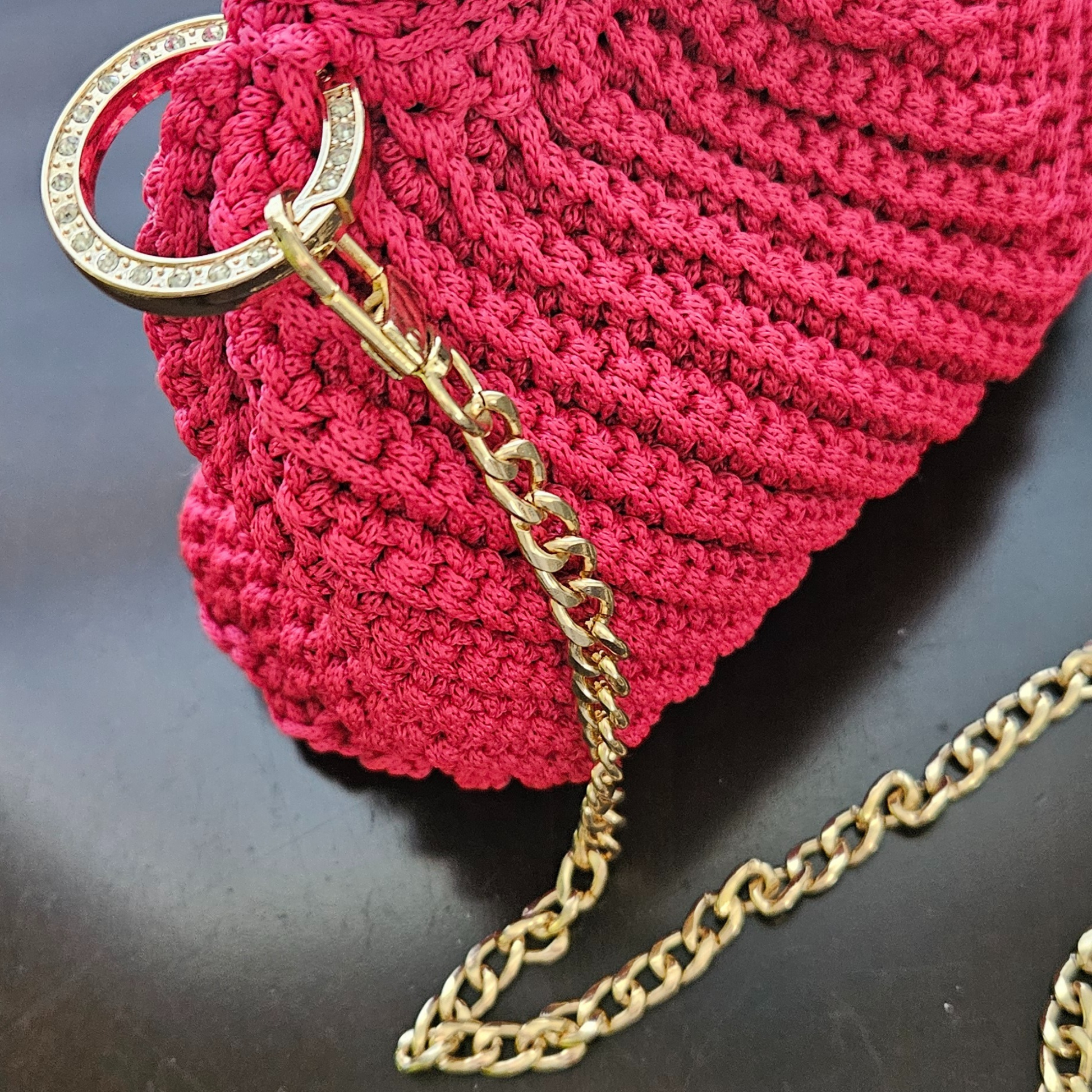 Close-up of rhinestone spring carabiner clip on Red Modern Macrame Crossbody – sparkling detail for a touch of glamour.