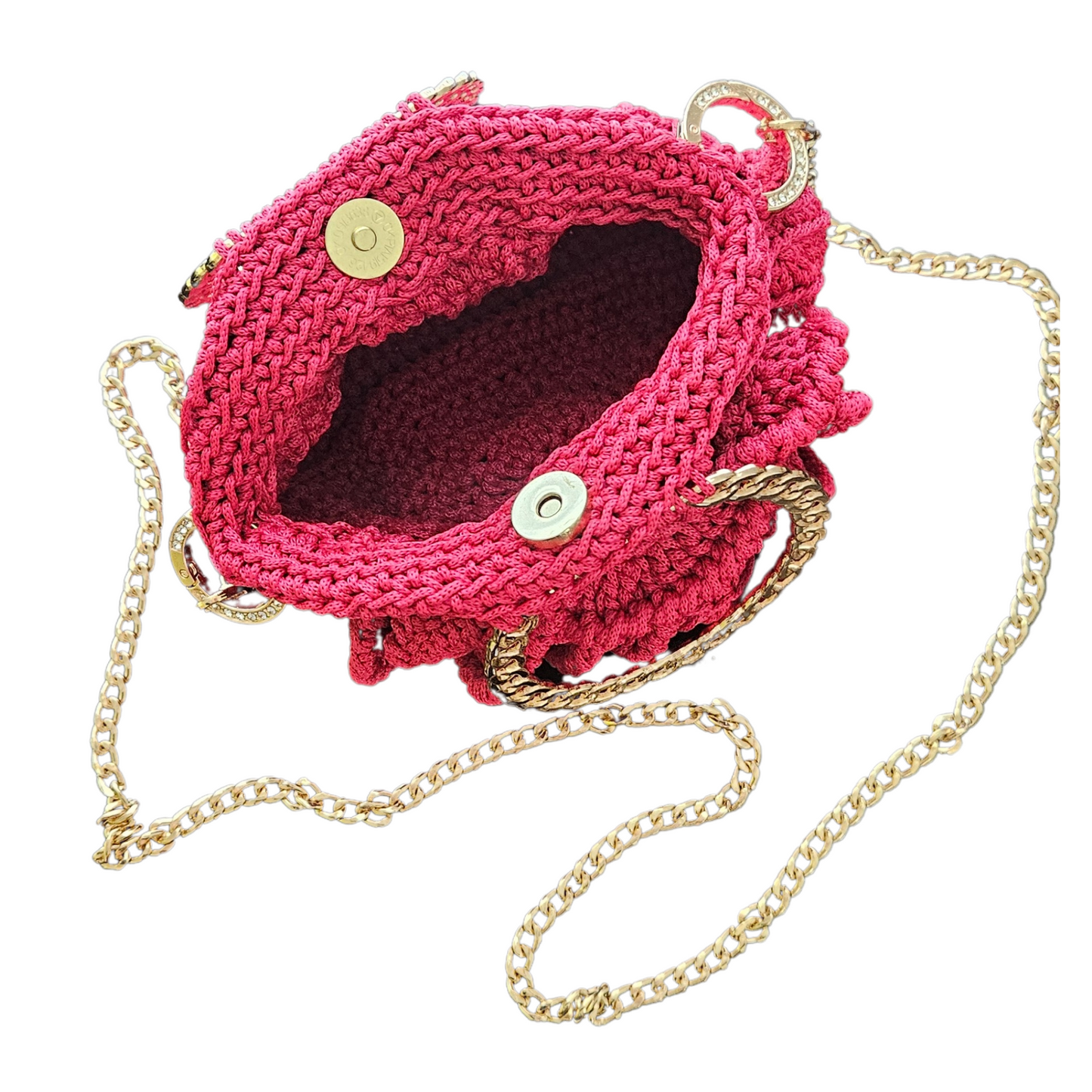 Interior view of Red Rosa Bloom Macramé Crossbody in red – fabric-lined with functional card pocket, combining elegance with practical organization.