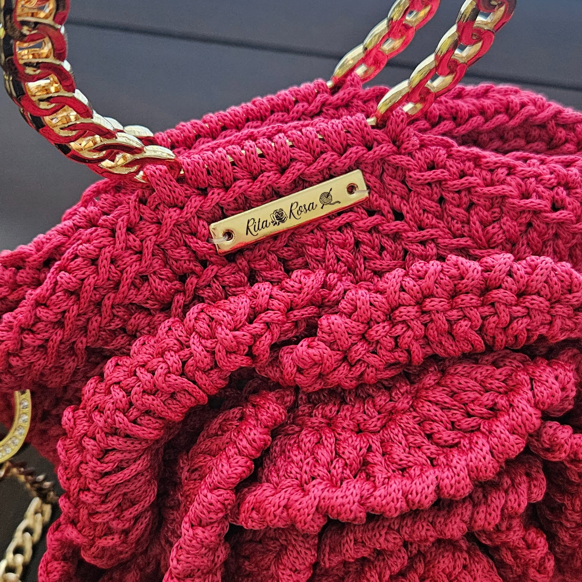 Close up of Red Rosa Bloom macrame crossbody Rita Rosa brand