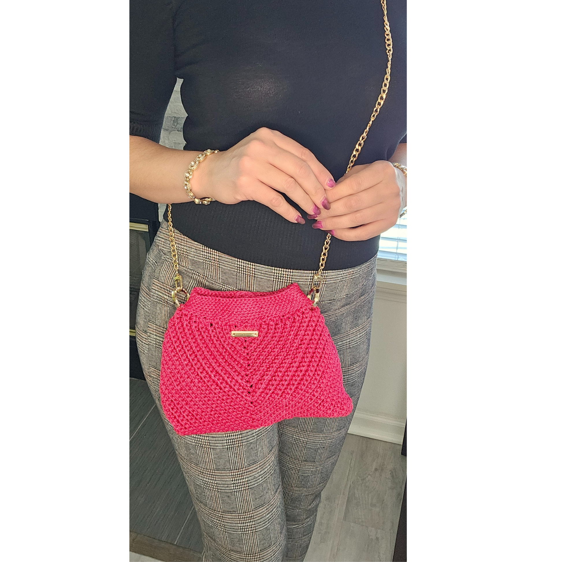 Red Small Size-Modern Macrame Crossbody in pastel pink – handcrafted macramé bag with gold accents, a stylish choice for spring and Mother's Day gifts.