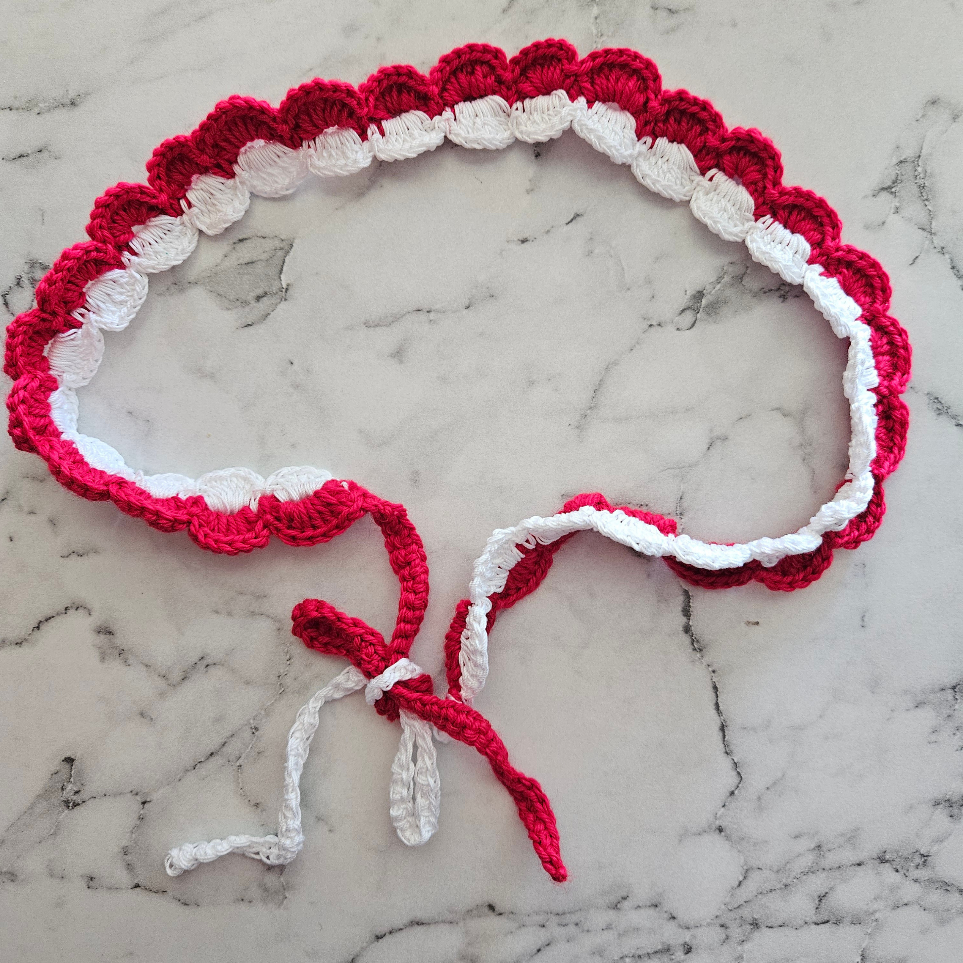 Red and white tie back crochet headband photo