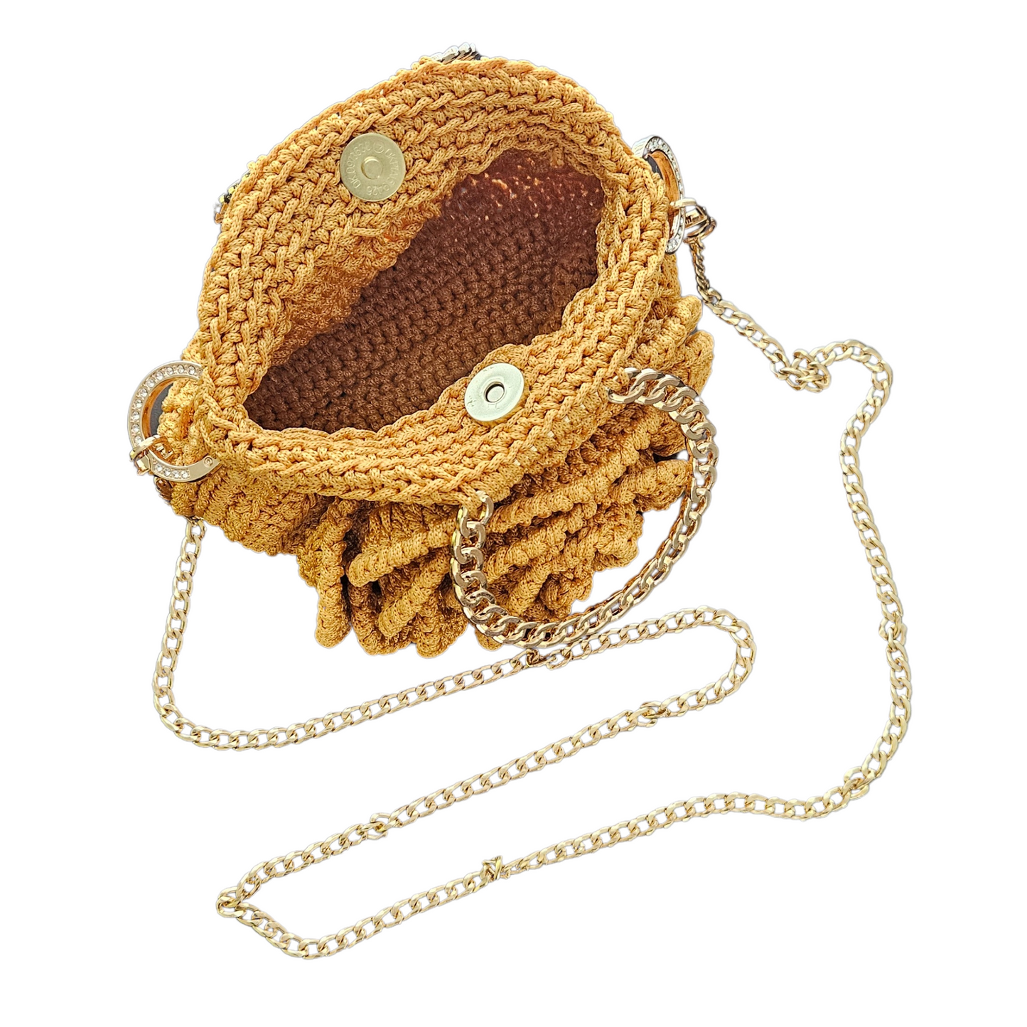 Interior view of Rosa Bloom Macramé Crossbody in gold –magnetic closer combining with gold crossbody chain,