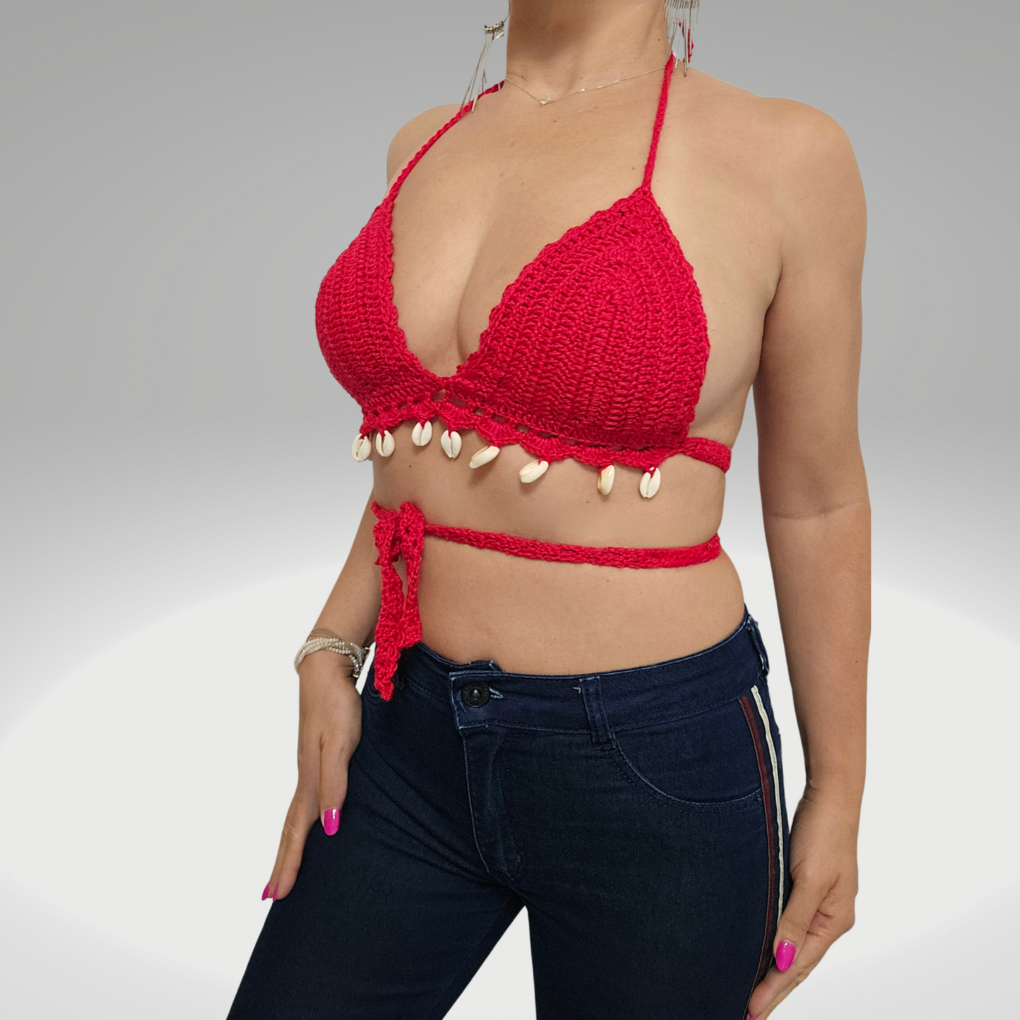 Ruby Seashells Crochet Cropped Model Posing