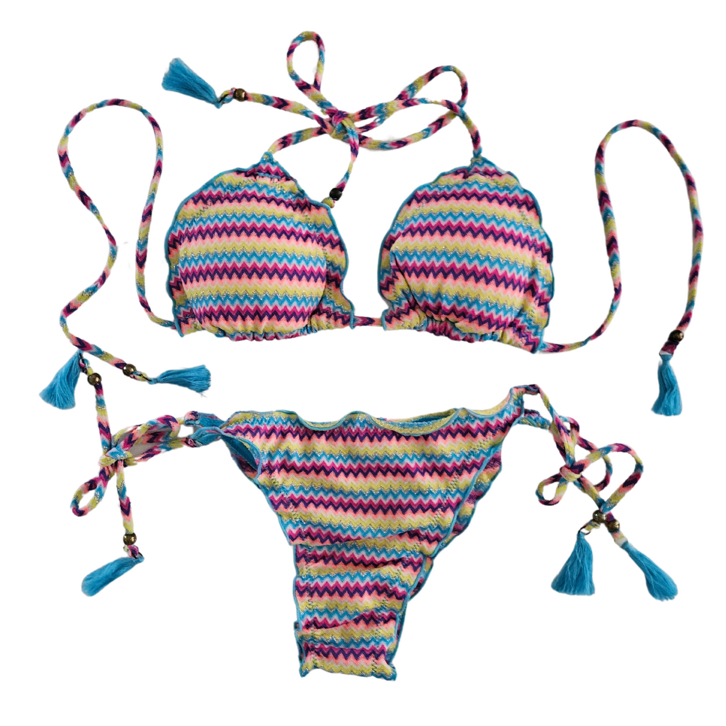 Ruffled Aqua Blue Striped Bikini Set