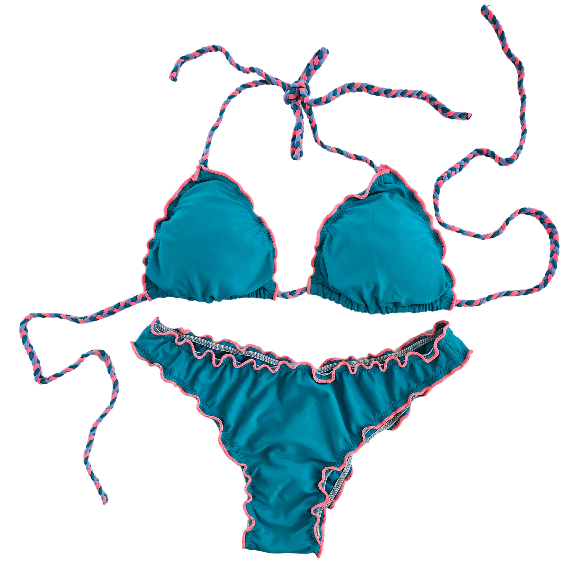 Ruffled Teal Thong Bikini Set