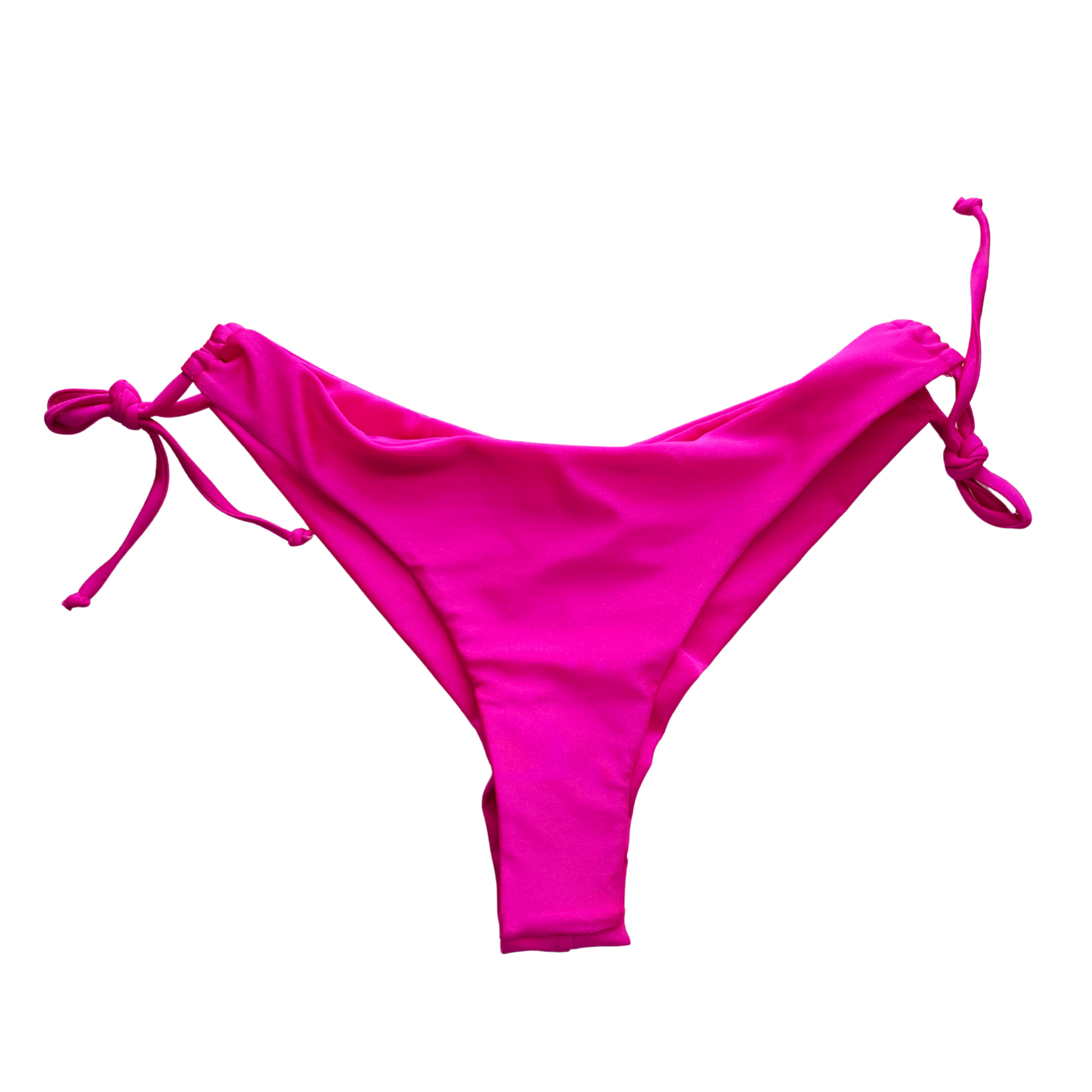 Shiny Pink two-piece swimsuit from Women's Collection Summer 2023. One-shoulder top, tie-back. High-waisted bottom, tie sides accentuate curves.