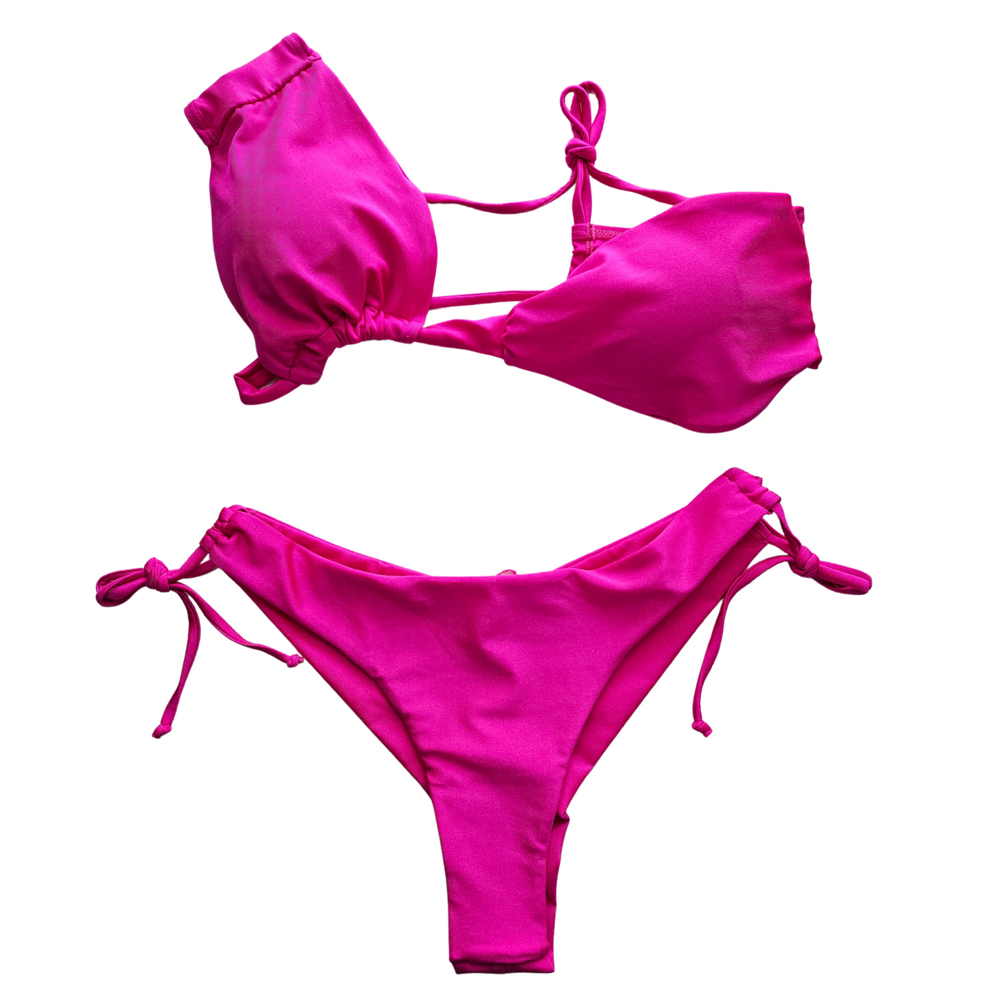 Shiny Pink two-piece swimsuit from Women's Collection Summer 2023. One-shoulder top, tie-back. High-waisted bottom, tie sides accentuate curves.