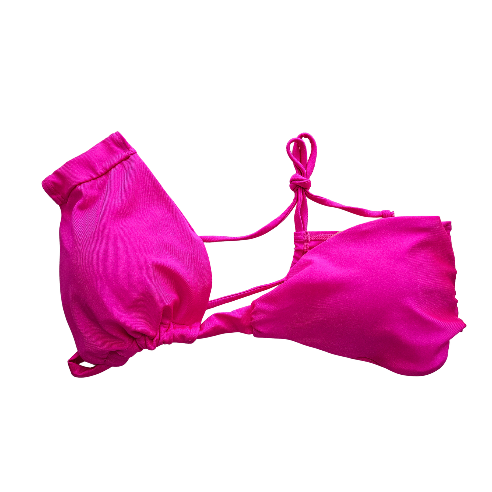 Shiny Pink two-piece swimsuit from Women's Collection Summer 2023. One-shoulder top, tie-back. High-waisted bottom, tie sides accentuate curves.
