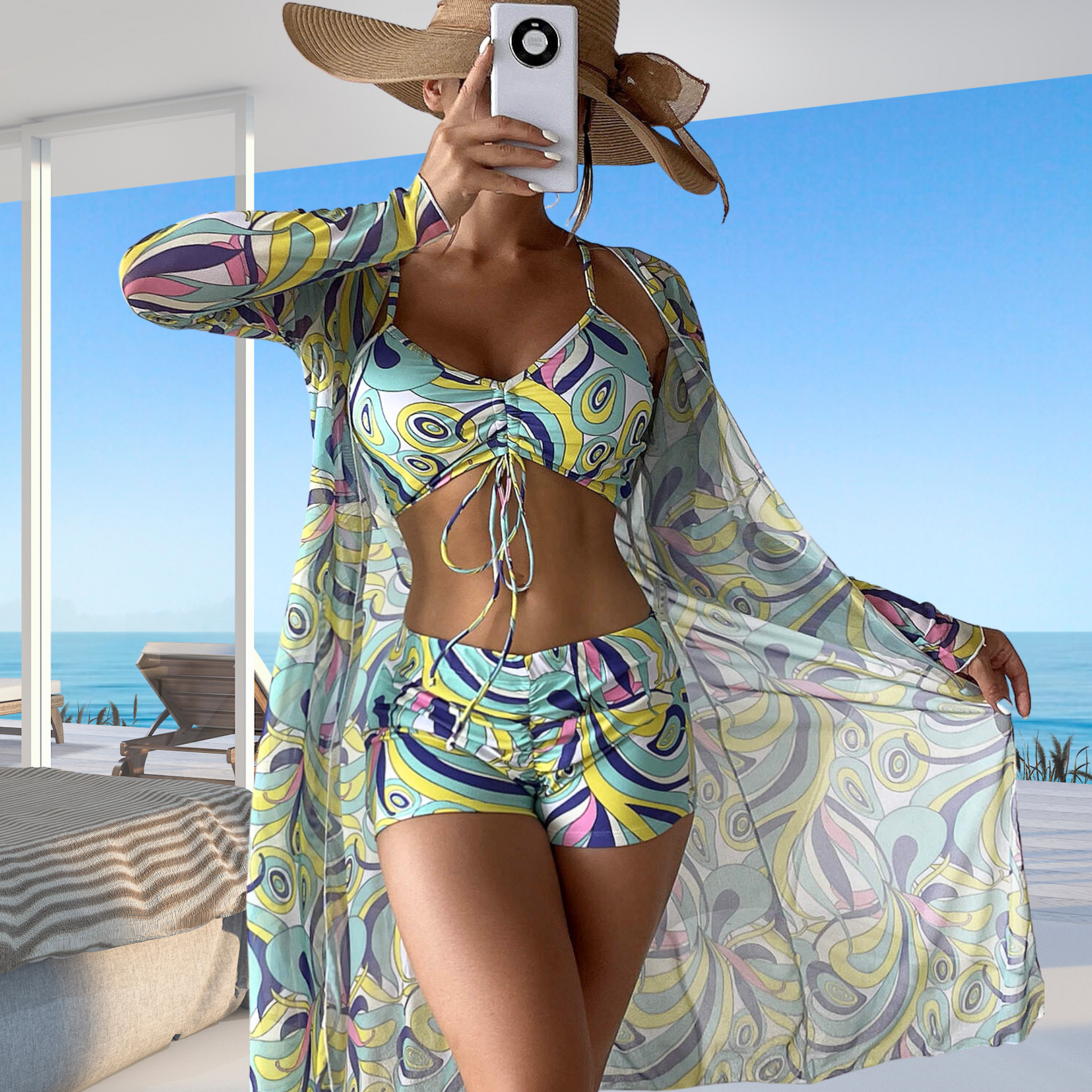 Rita Rosa Brazilian Beachwear's 3-piece vintage paisley boyleg bikini set in aqua green. Includes top with knotted detail, adjustable straps, removable cups, and high-waisted, ruched boyleg bottoms. Free cover-up included. Women's Collection Summer 2023