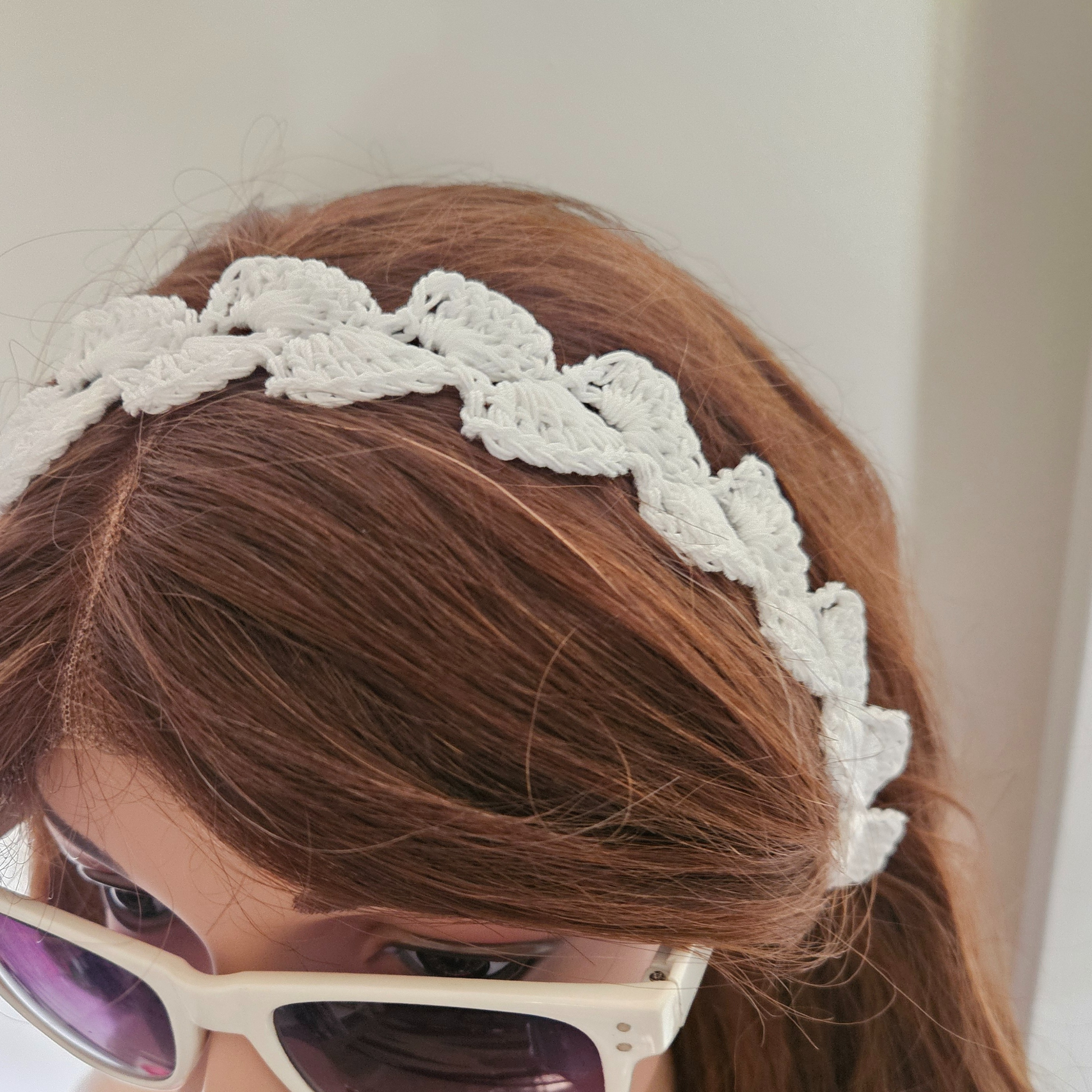 White petal headband model top head pose