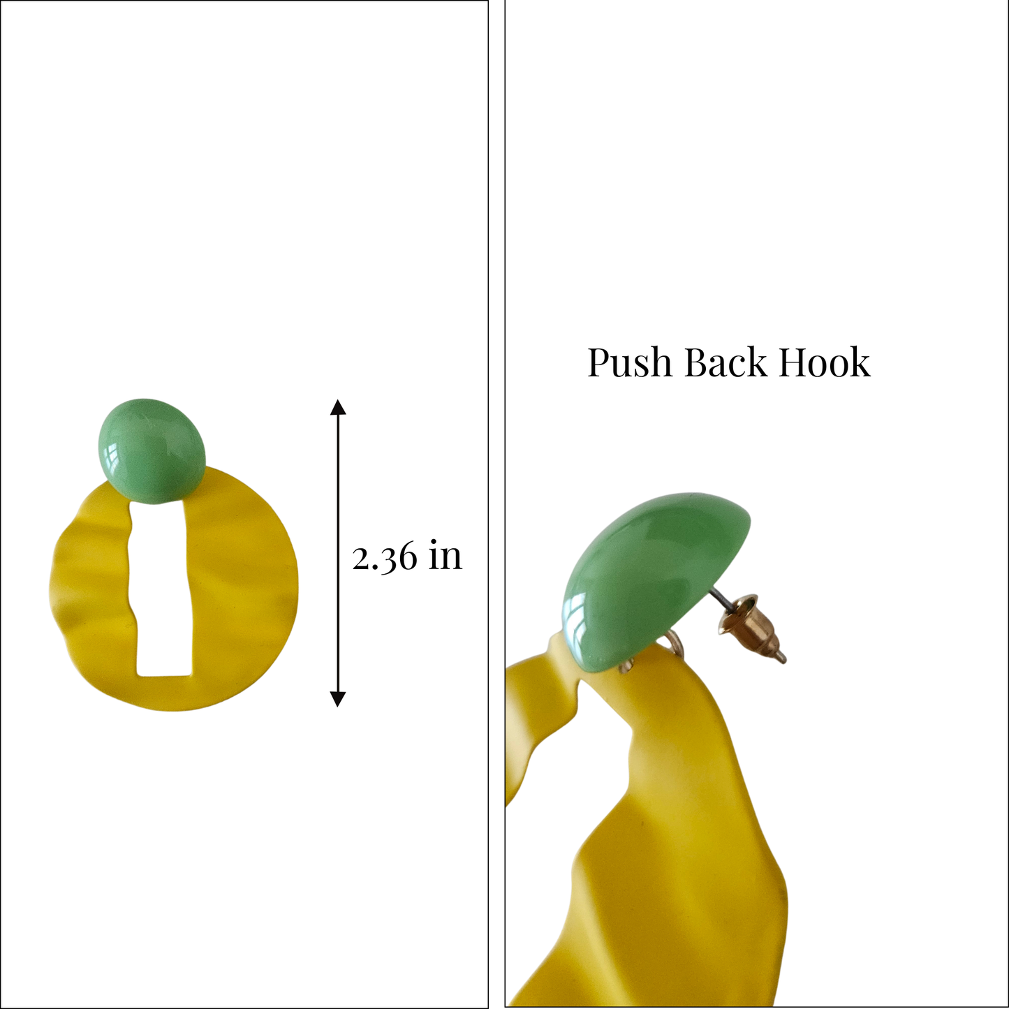 Yellow earrings with green tops, showing a push back hook and measurement on a white background.