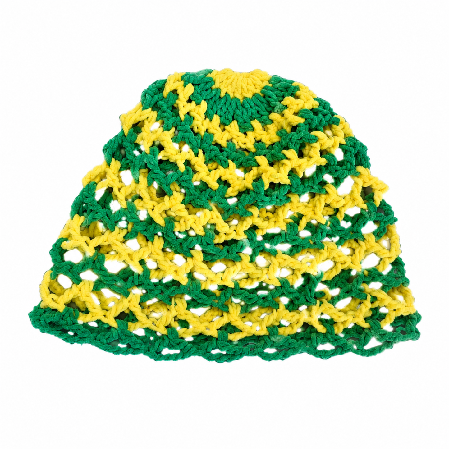 Brazil Spirit handmade crochet cap featuring green and yellow colors inspired by Brazilian soccer fans and summer beach fashion