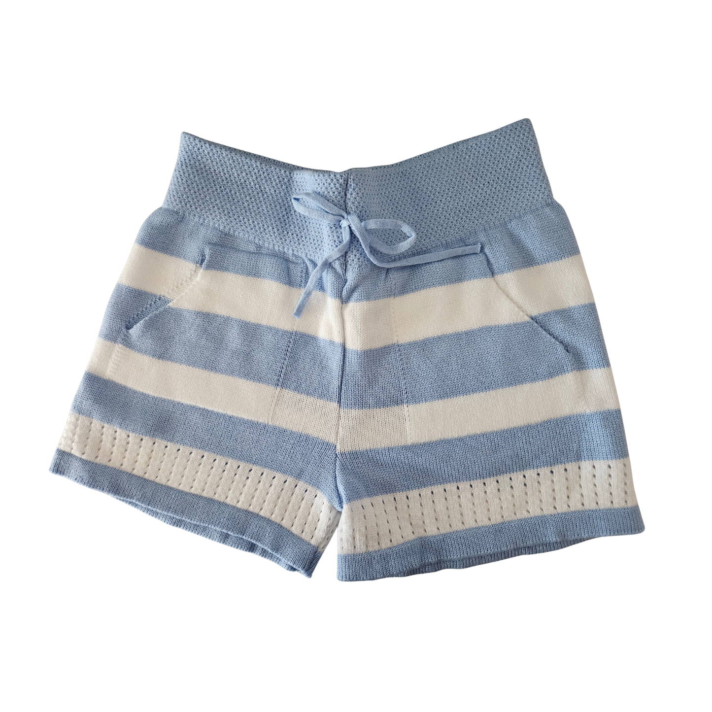 Rita Rosa blue and white striped shorts, handmade Brazilian modal knit with adjustable drawstring and functional pockets