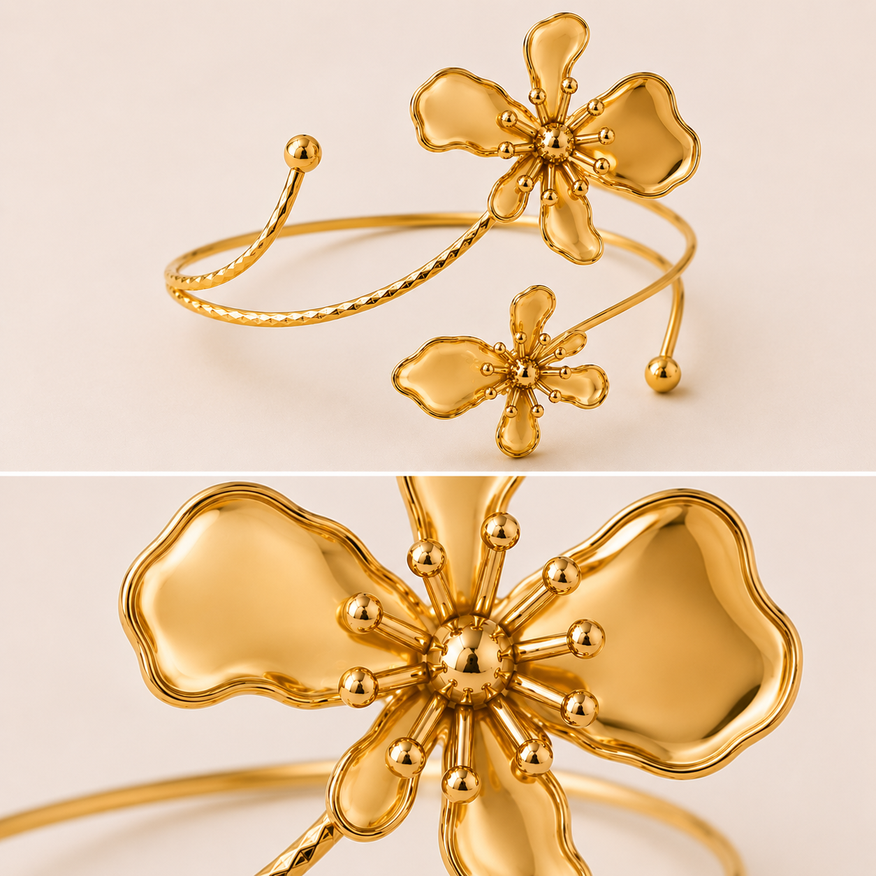 Full gold floral cuff bracelet with adjustable open cuff design