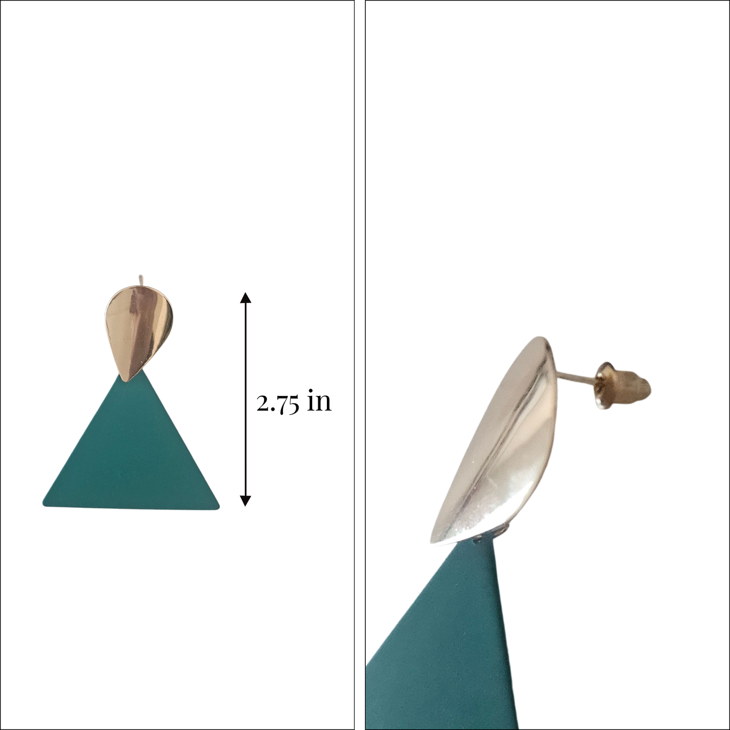 Teal earrings with gold accents, one shown from the side and one with a measurement label.